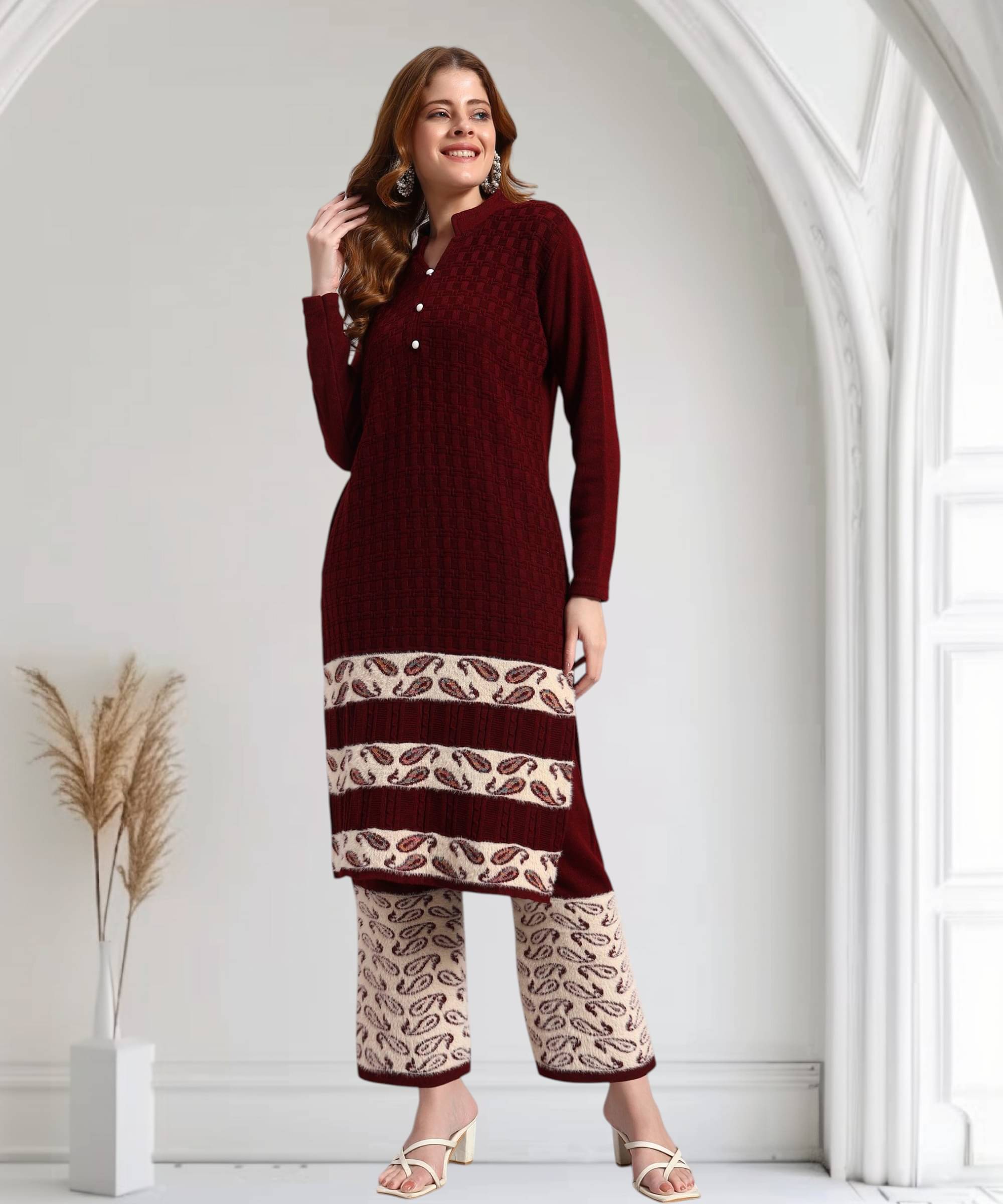 HEMLOCK Women Woollen Self Design Straight Kurti With Palazzo ( Wine ) HEMLOCK Women Woollen Self Design Straight Kurti With Palazzo ( Wine )