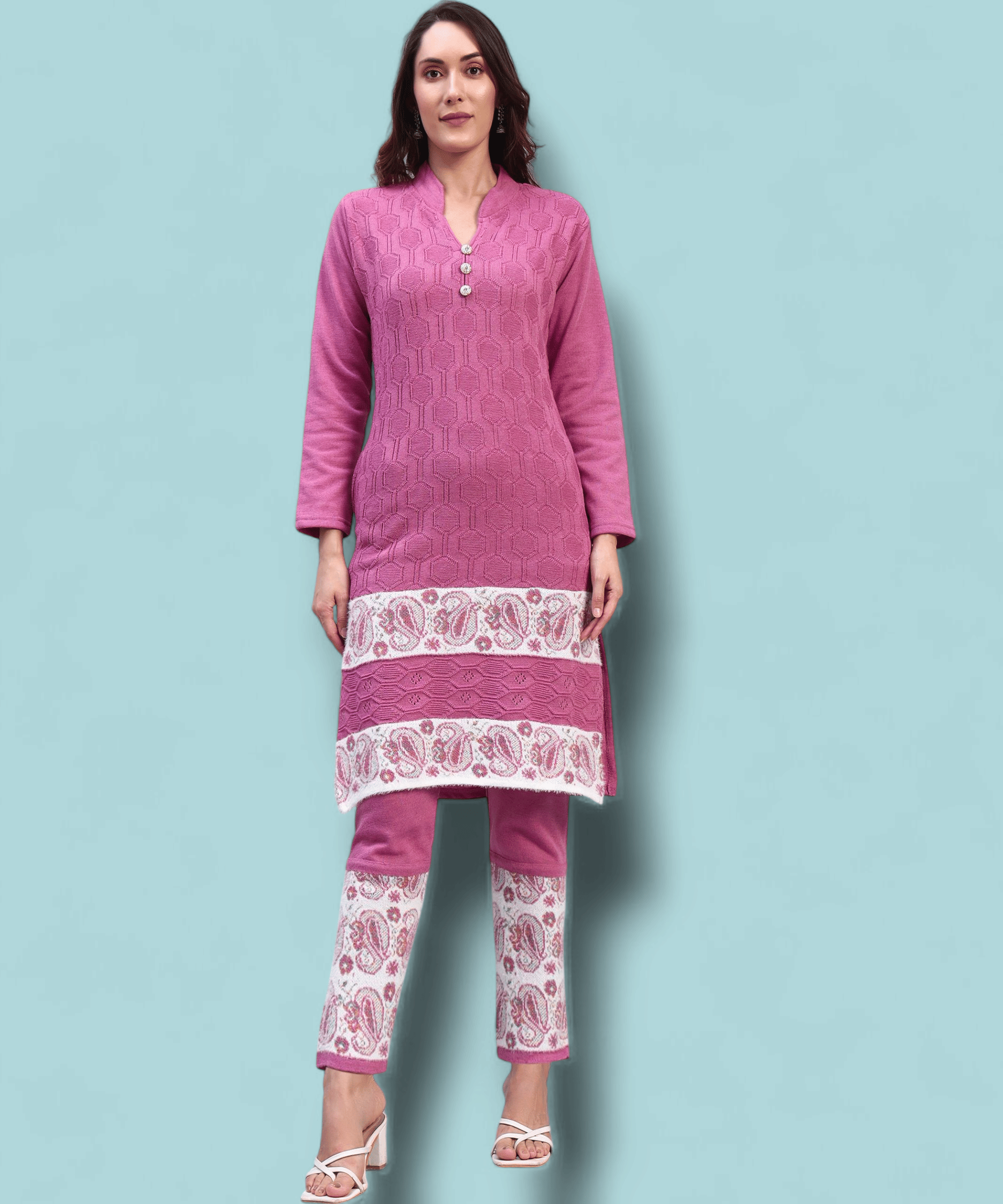 HEMLOCK Women Woollen Self Design Straight Kurti With Palazzo ( Pink ) HEMLOCK Women Woollen Self Design Straight Kurti With Palazzo ( Pink )