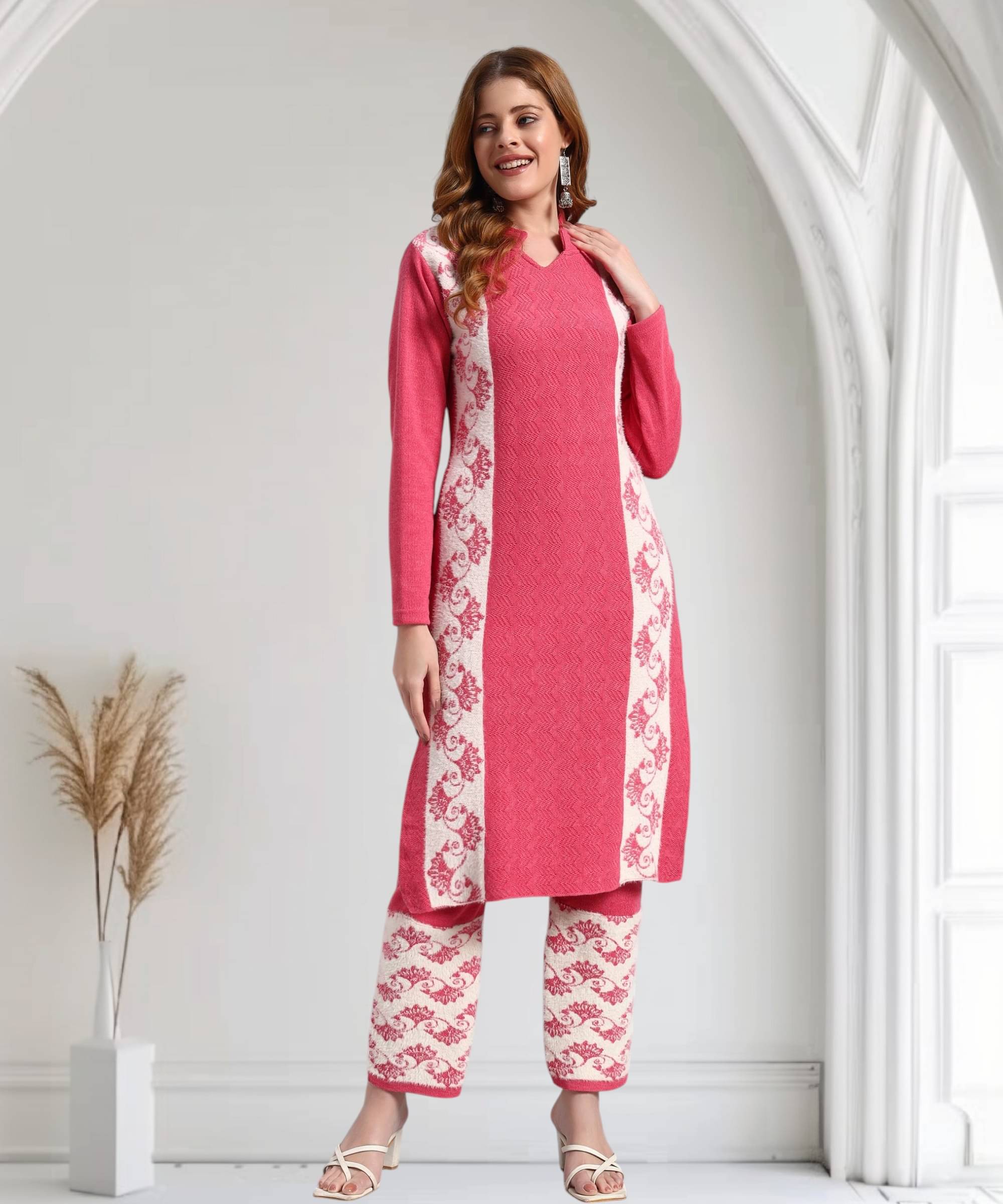 HEMLOCK Women Woollen Self Design Straight Kurti With Palazzo ( Magenta ) HEMLOCK Women Woollen Self Design Straight Kurti With Palazzo ( Magenta )