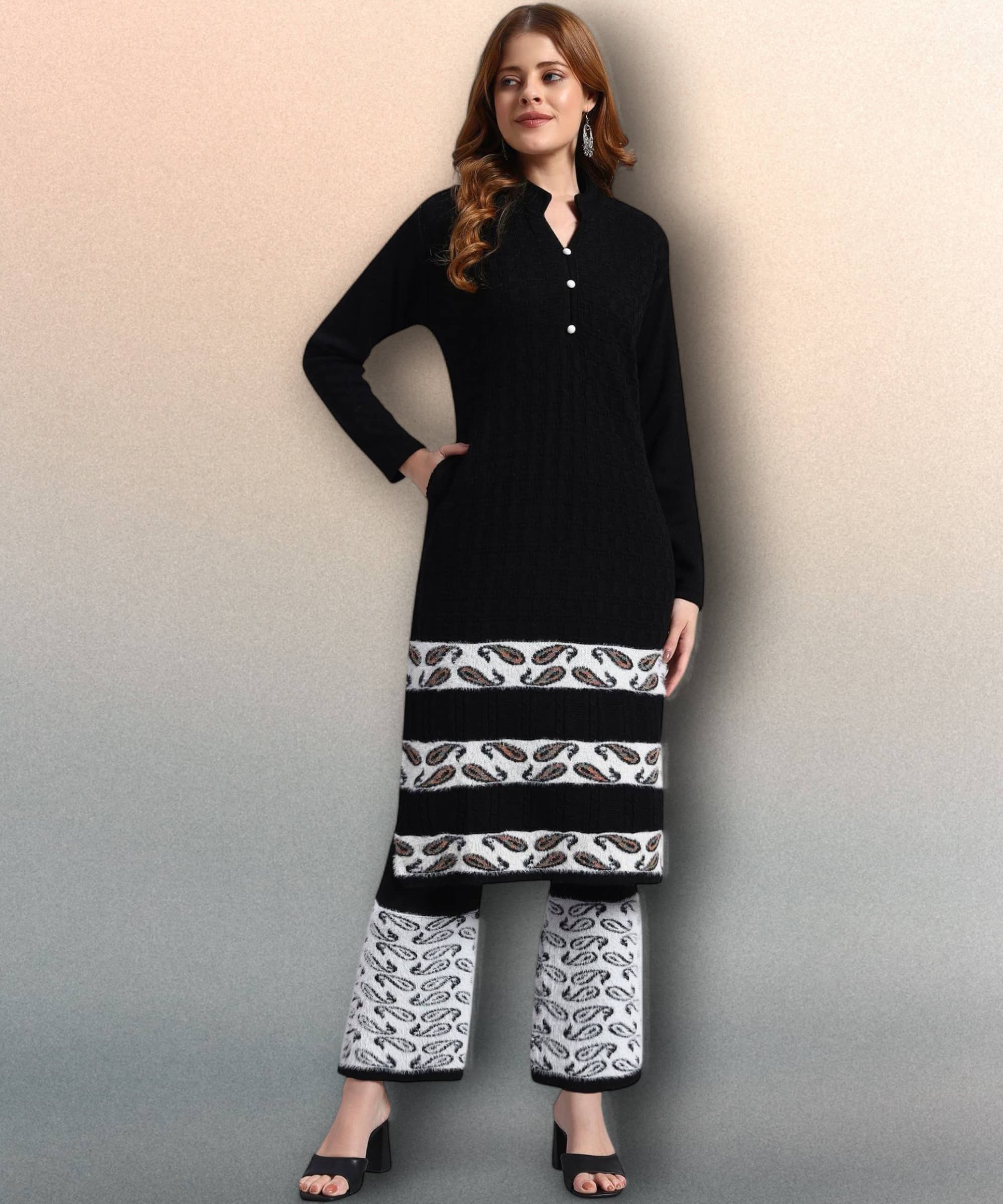 HEMLOCK Women Woollen Self Design Straight Kurti With Palazzo ( Black )