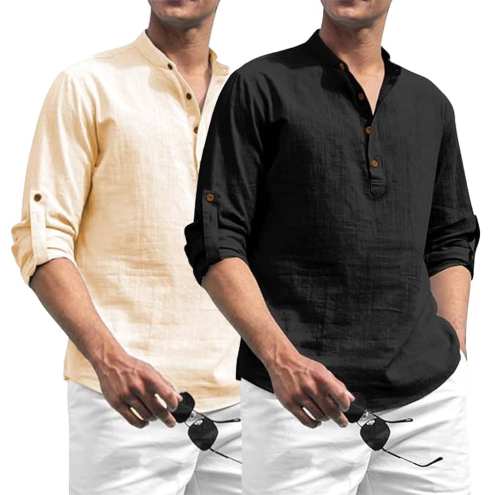 Indirae Beige Cotton Blend Men's Shirt Style Kurta ( Pack of 2 )     			Indirae Beige Cotton Blend Men's Shirt Style Kurta ( Pack of 2 )