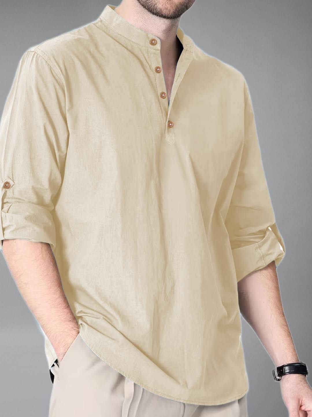 Indirae Beige Cotton Blend Men's Shirt Style Kurta ( Pack of 1 )     			Indirae Beige Cotton Blend Men's Shirt Style Kurta ( Pack of 1 )