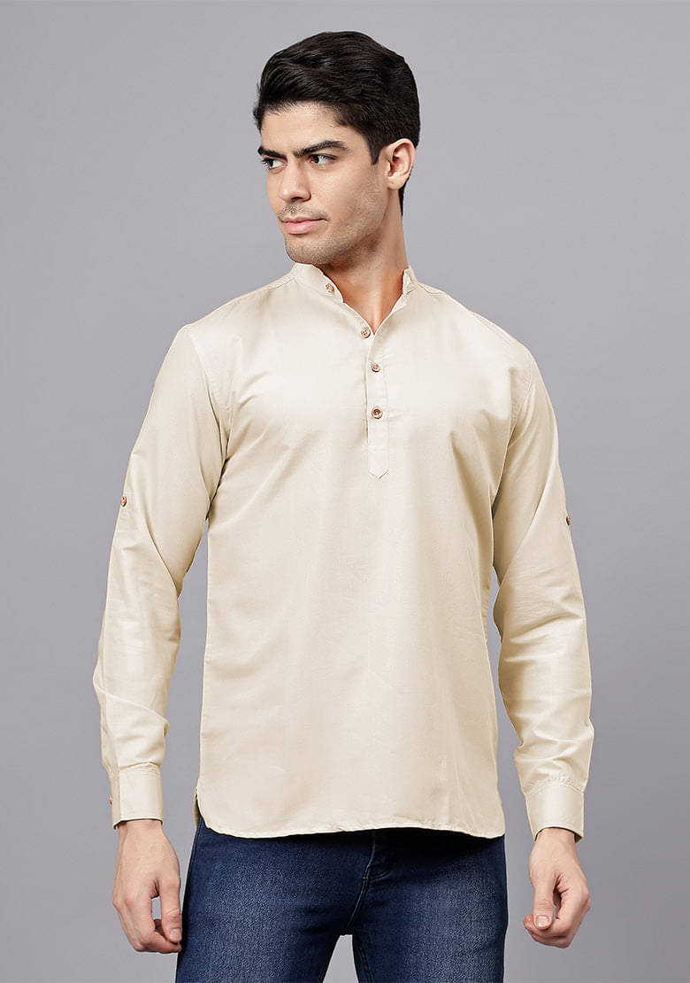     			Indirae Beige Cotton Blend Men's Shirt Style Kurta ( Pack of 1 )