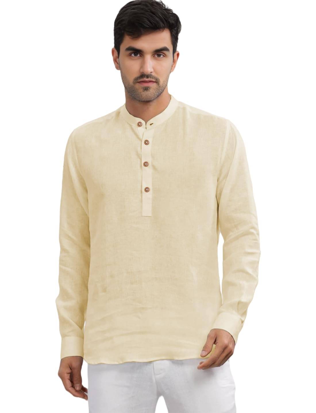 Indirae Beige Cotton Blend Men's Shirt Style Kurta ( Pack of 1 ) Indirae Beige Cotton Blend Men's Shirt Style Kurta ( Pack of 1 )