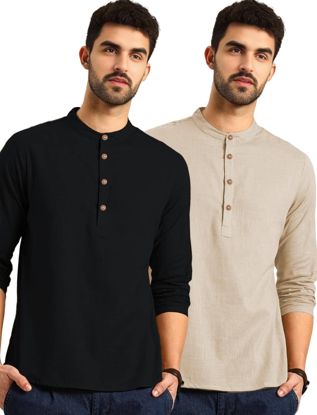     			Indirae Beige Cotton Blend Men's Shirt Style Kurta ( Pack of 2 )