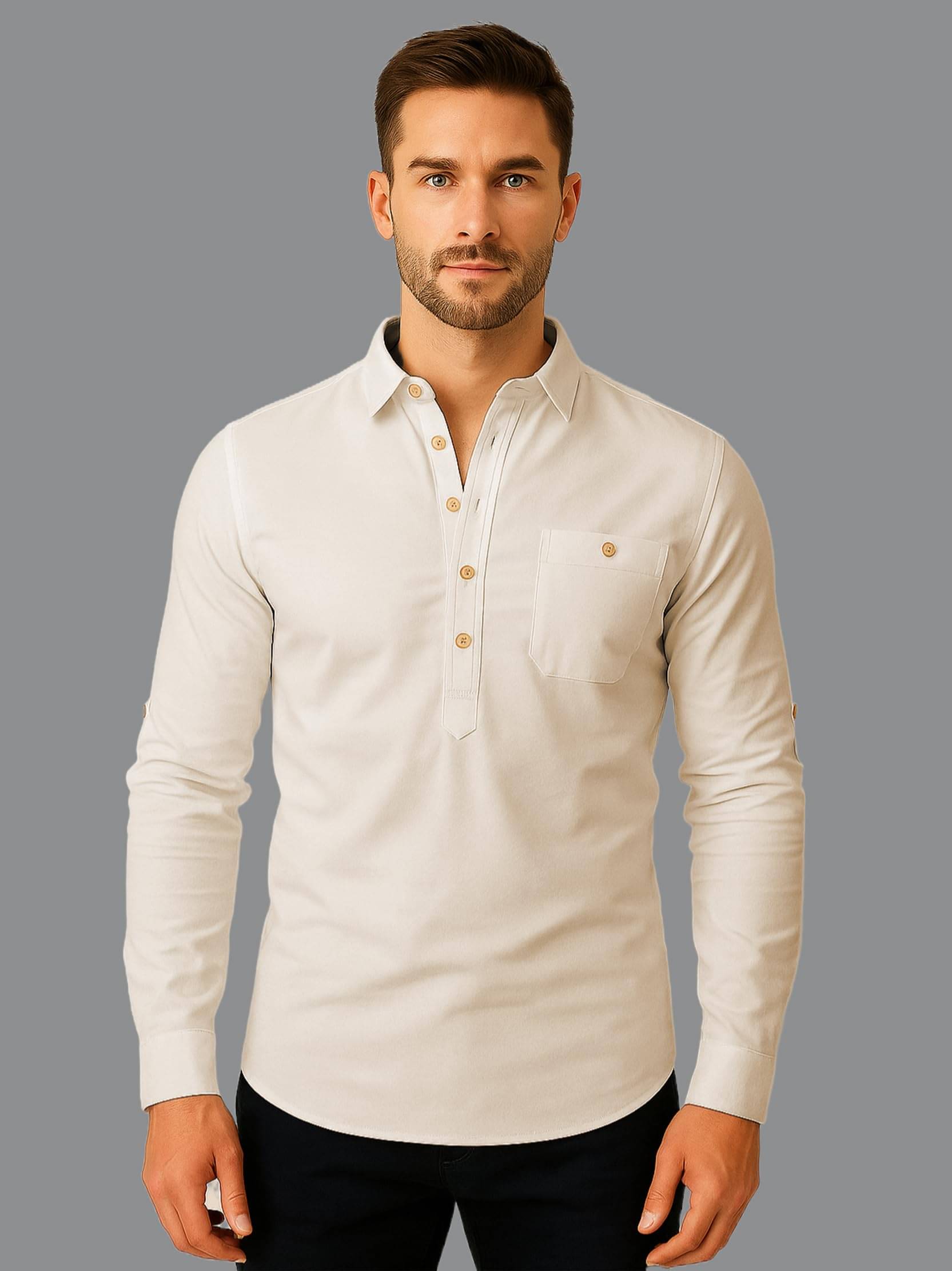 Indirae Beige Cotton Blend Men's Shirt Style Kurta ( Pack of 1 ) Indirae Beige Cotton Blend Men's Shirt Style Kurta ( Pack of 1 )