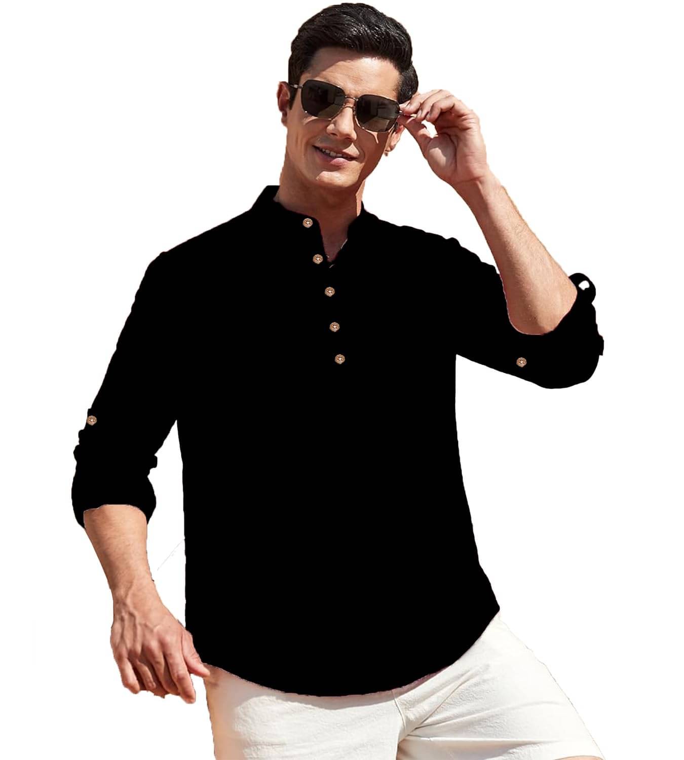 Indirae Black Cotton Blend Men's Shirt Style Kurta ( Pack of 1 ) Indirae Black Cotton Blend Men's Shirt Style Kurta ( Pack of 1 )