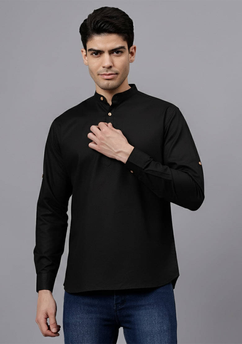 Indirae Black Cotton Blend Men's Shirt Style Kurta ( Pack of 1 )     			Indirae Black Cotton Blend Men's Shirt Style Kurta ( Pack of 1 )