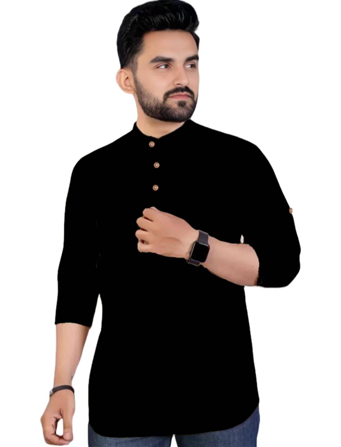 Indirae Black Cotton Blend Men's Shirt Style Kurta ( Pack of 1 ) Indirae Black Cotton Blend Men's Shirt Style Kurta ( Pack of 1 )