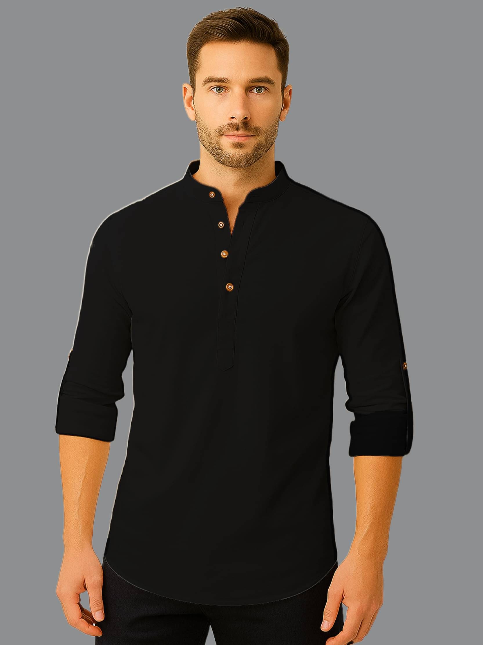 Indirae Black Cotton Blend Men's Shirt Style Kurta ( Pack of 1 ) Indirae Black Cotton Blend Men's Shirt Style Kurta ( Pack of 1 )