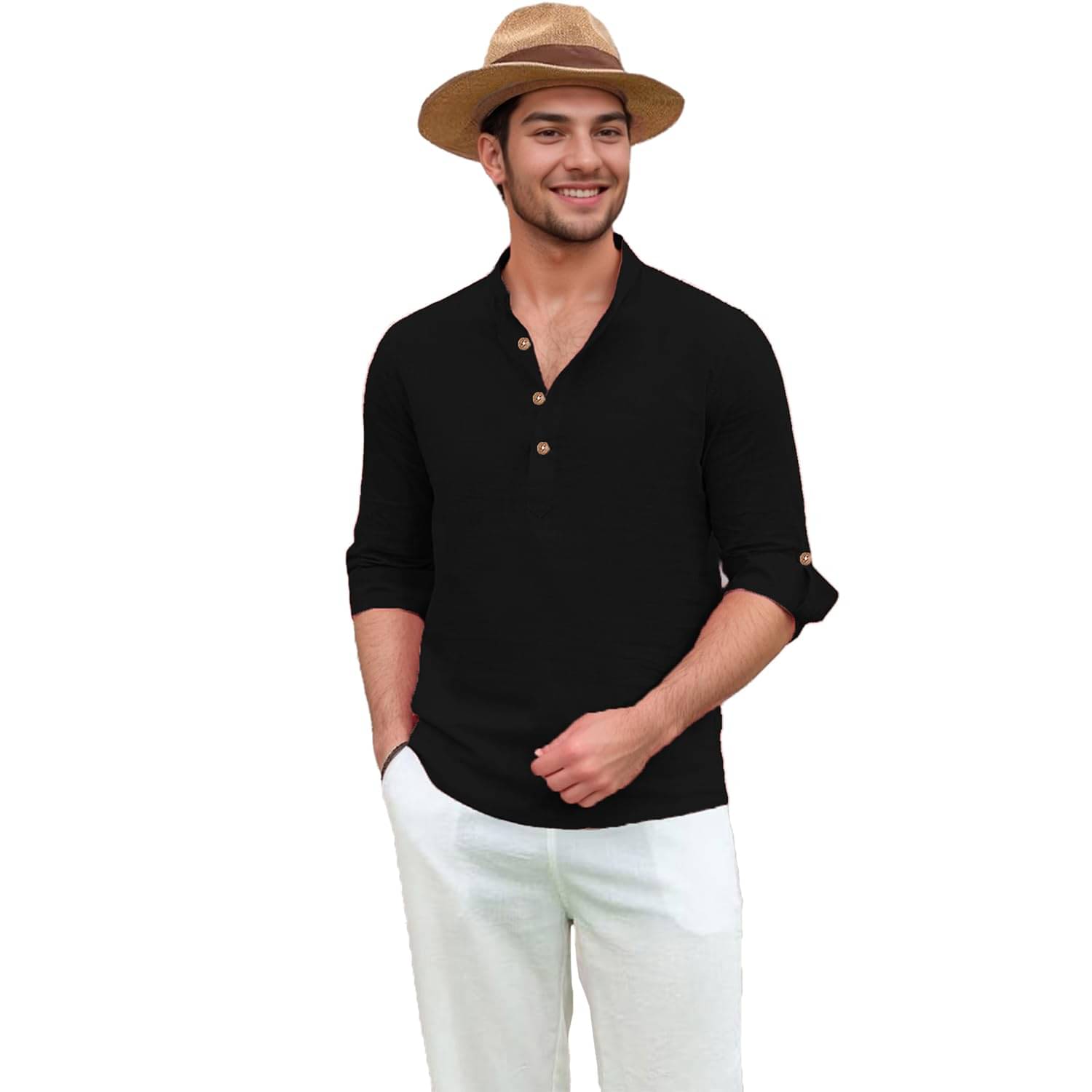 Indirae Black Cotton Blend Men's Shirt Style Kurta ( Pack of 1 ) Indirae Black Cotton Blend Men's Shirt Style Kurta ( Pack of 1 )