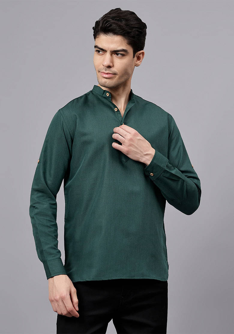 Indirae Green Cotton Blend Men's Shirt Style Kurta ( Pack of 1 ) Indirae Green Cotton Blend Men's Shirt Style Kurta ( Pack of 1 )