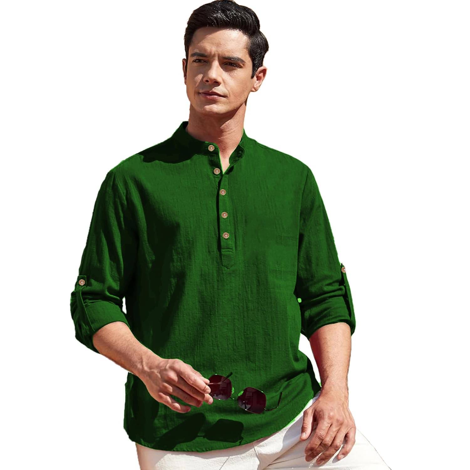 Indirae Green Cotton Blend Men's Shirt Style Kurta ( Pack of 1 ) Indirae Green Cotton Blend Men's Shirt Style Kurta ( Pack of 1 )