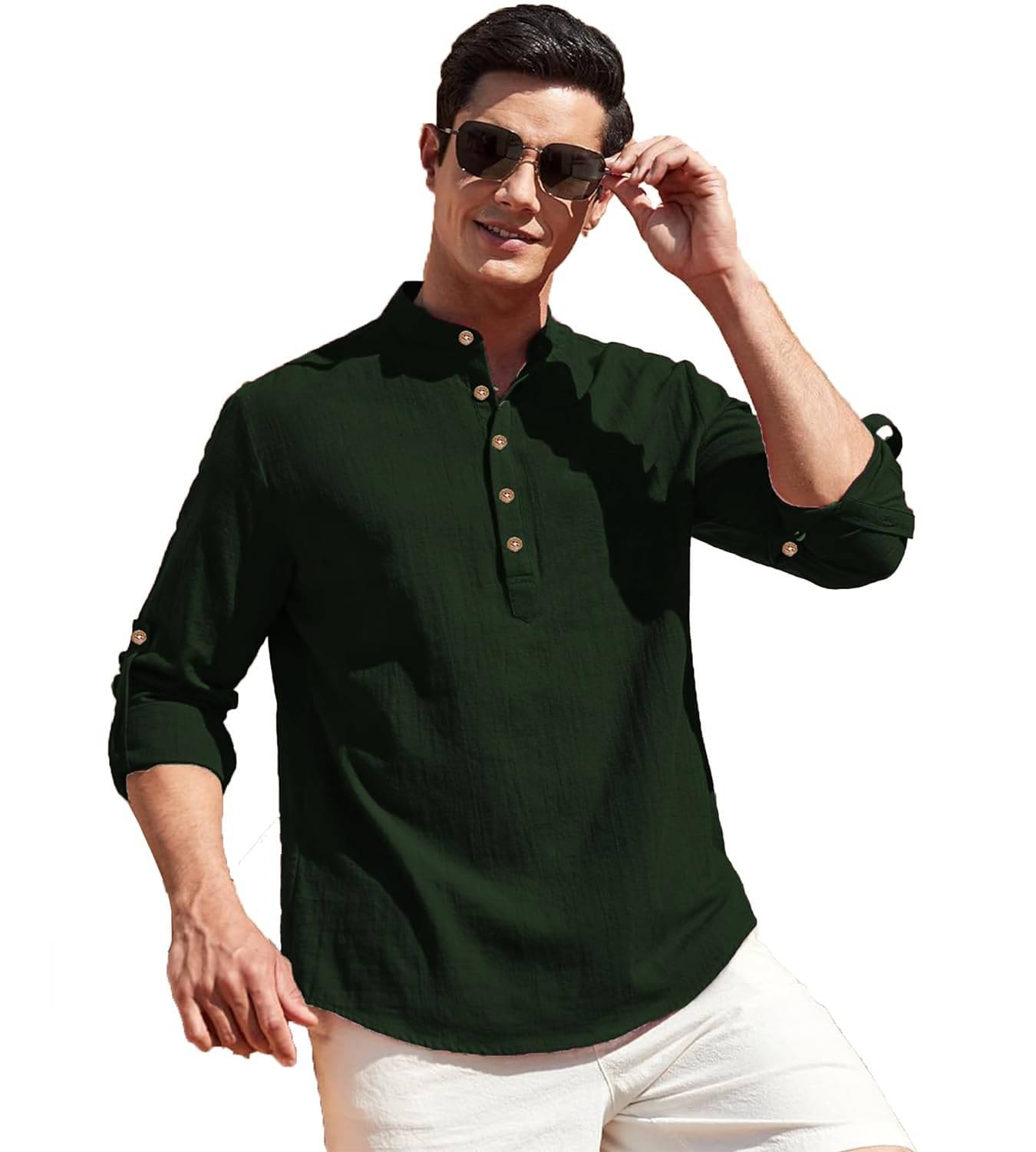 Indirae Green Cotton Blend Men's Shirt Style Kurta ( Pack of 1 ) Indirae Green Cotton Blend Men's Shirt Style Kurta ( Pack of 1 )