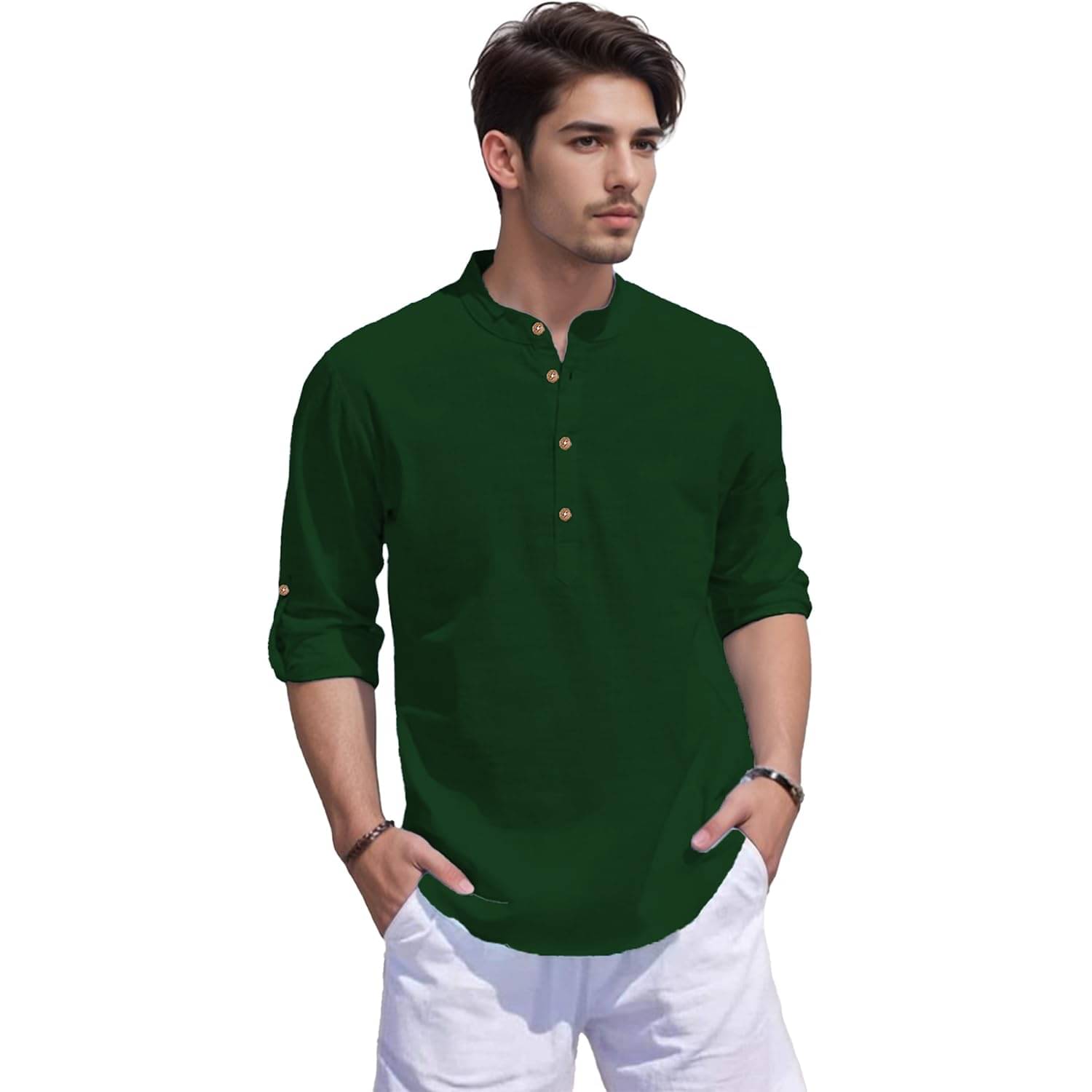 Indirae Green Cotton Blend Men's Shirt Style Kurta ( Pack of 1 ) Indirae Green Cotton Blend Men's Shirt Style Kurta ( Pack of 1 )