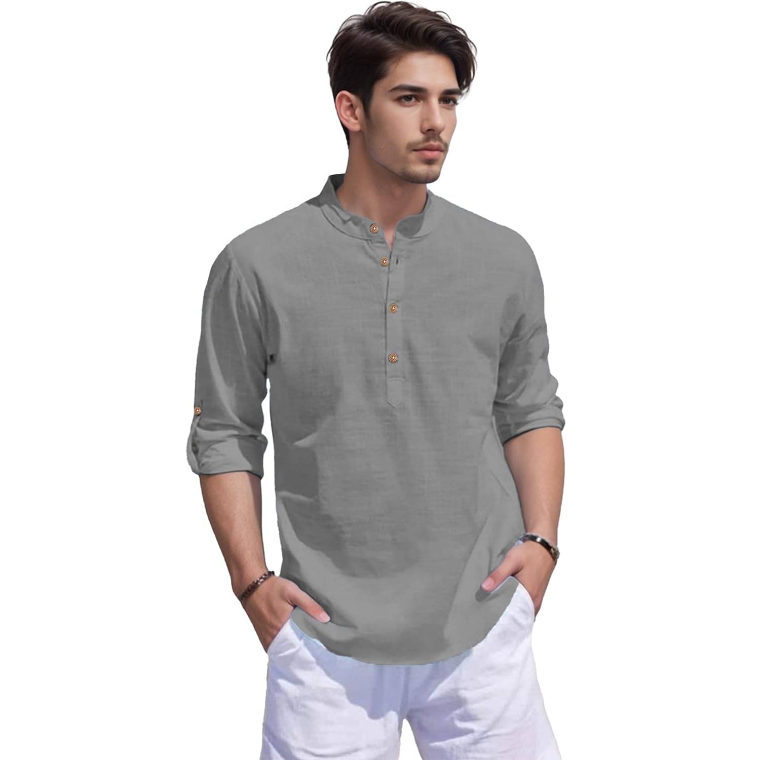 Indirae Grey Cotton Blend Men's Shirt Style Kurta ( Pack of 1 )     			Indirae Grey Cotton Blend Men's Shirt Style Kurta ( Pack of 1 )