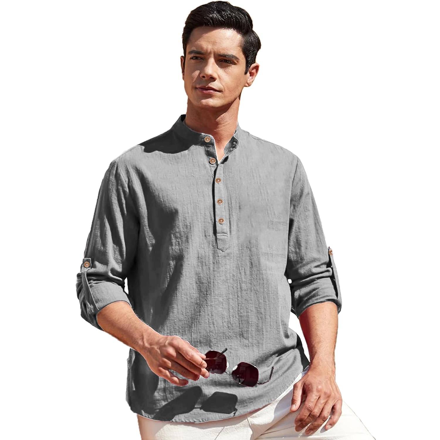 Indirae Grey Cotton Blend Men's Shirt Style Kurta ( Pack of 1 ) Indirae Grey Cotton Blend Men's Shirt Style Kurta ( Pack of 1 )