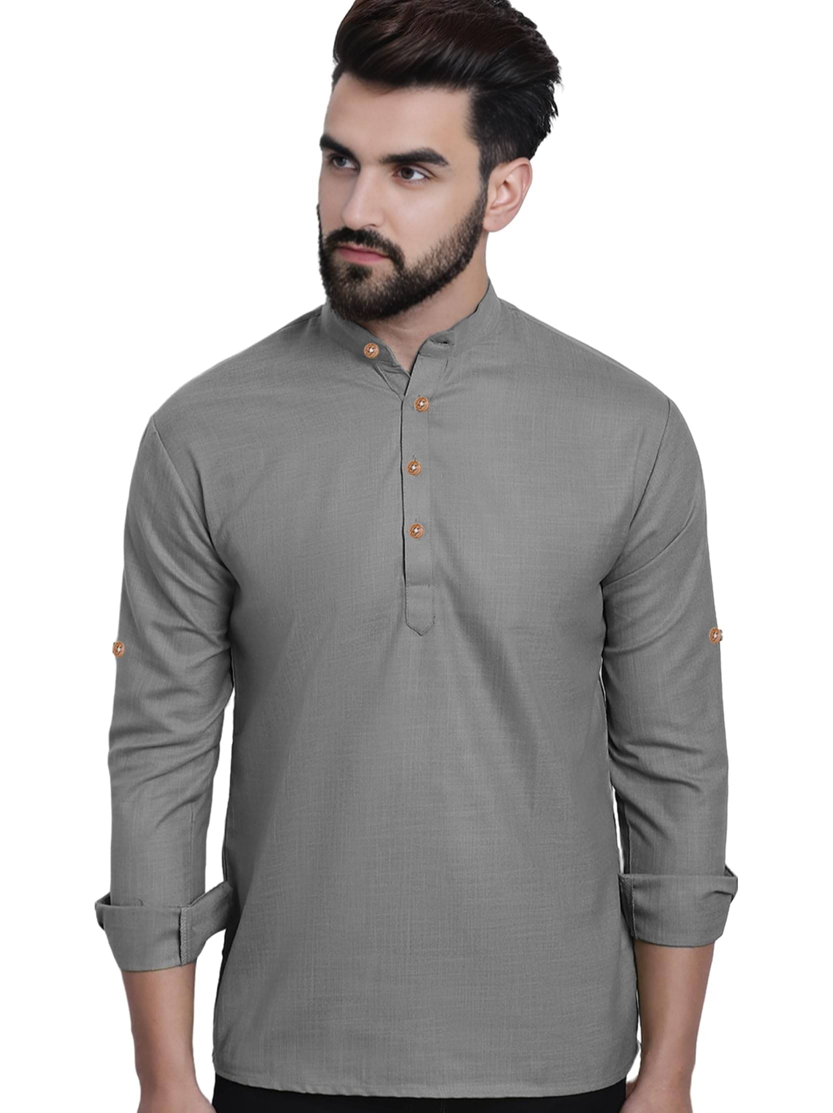 Indirae Grey Cotton Blend Men's Shirt Style Kurta ( Pack of 1 ) Indirae Grey Cotton Blend Men's Shirt Style Kurta ( Pack of 1 )