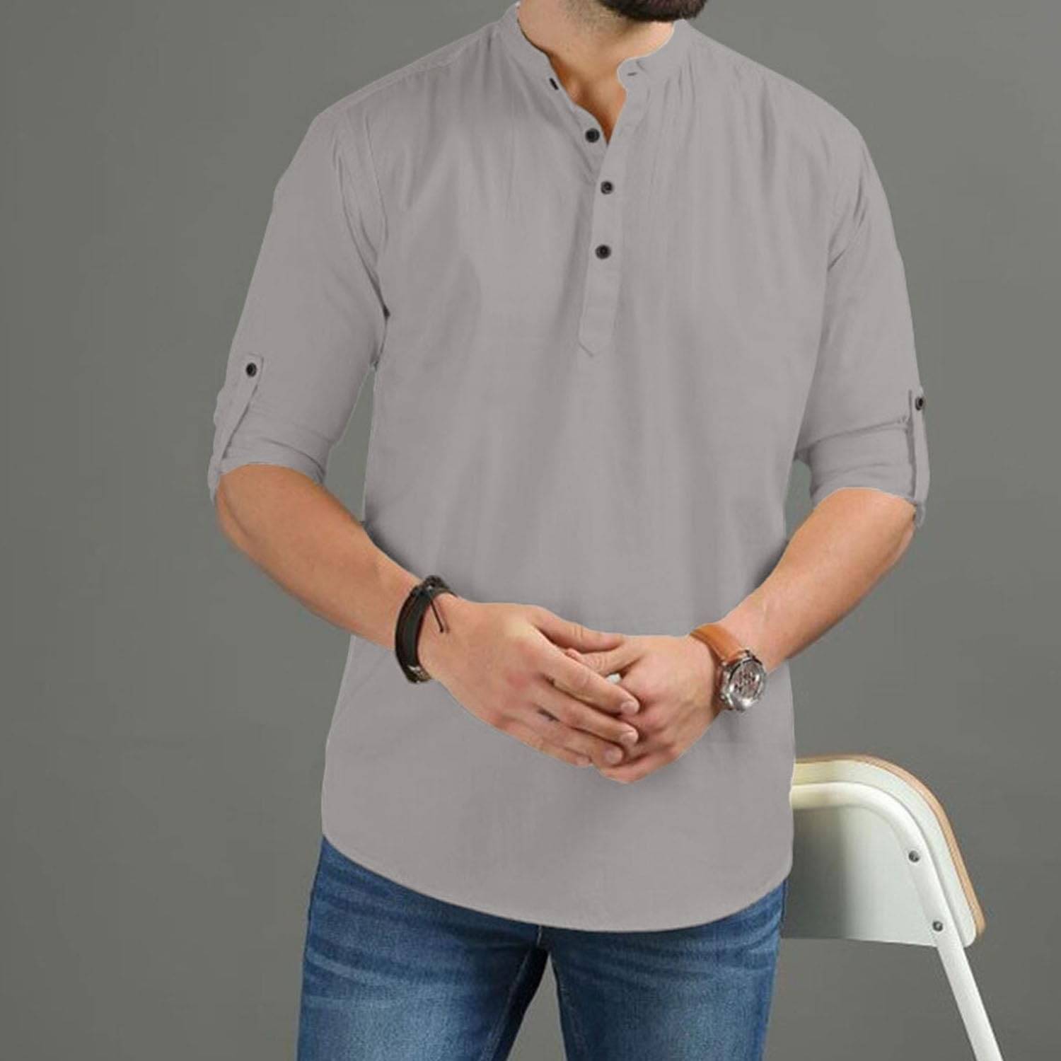 Indirae Grey Cotton Blend Men's Shirt Style Kurta ( Pack of 1 ) Indirae Grey Cotton Blend Men's Shirt Style Kurta ( Pack of 1 )