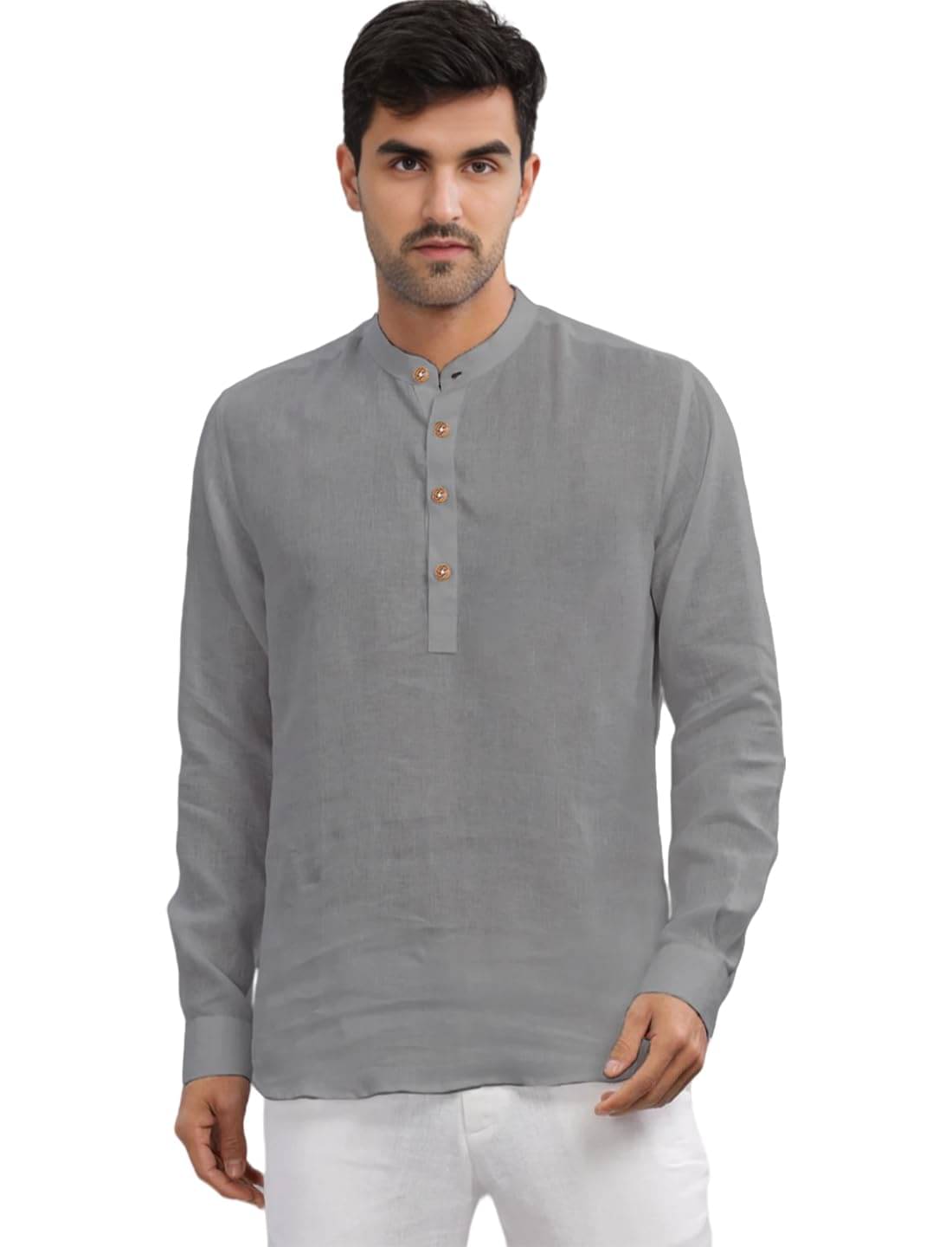 Indirae Grey Cotton Blend Men's Shirt Style Kurta ( Pack of 1 ) Indirae Grey Cotton Blend Men's Shirt Style Kurta ( Pack of 1 )
