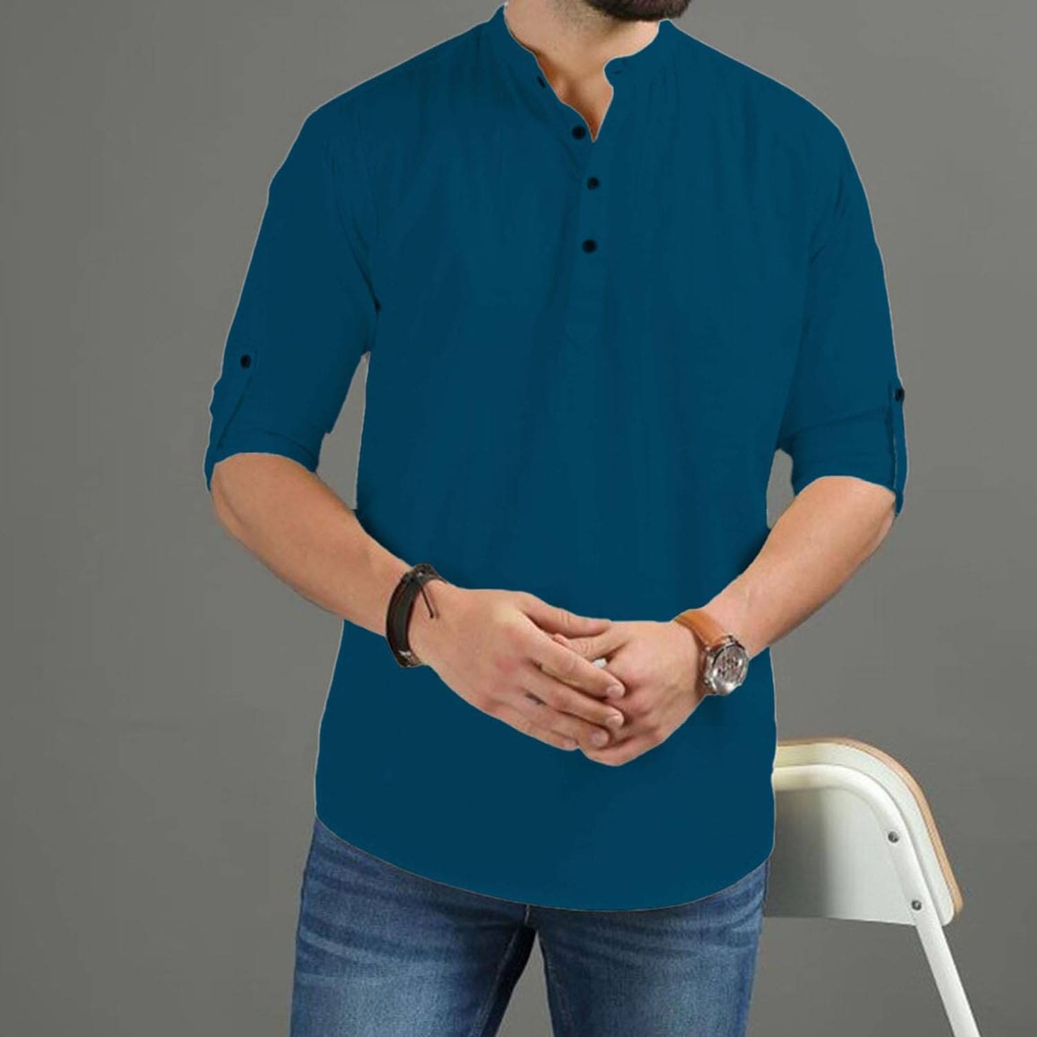Indirae Indigo Cotton Blend Men's Shirt Style Kurta ( Pack of 1 )     			Indirae Indigo Cotton Blend Men's Shirt Style Kurta ( Pack of 1 )