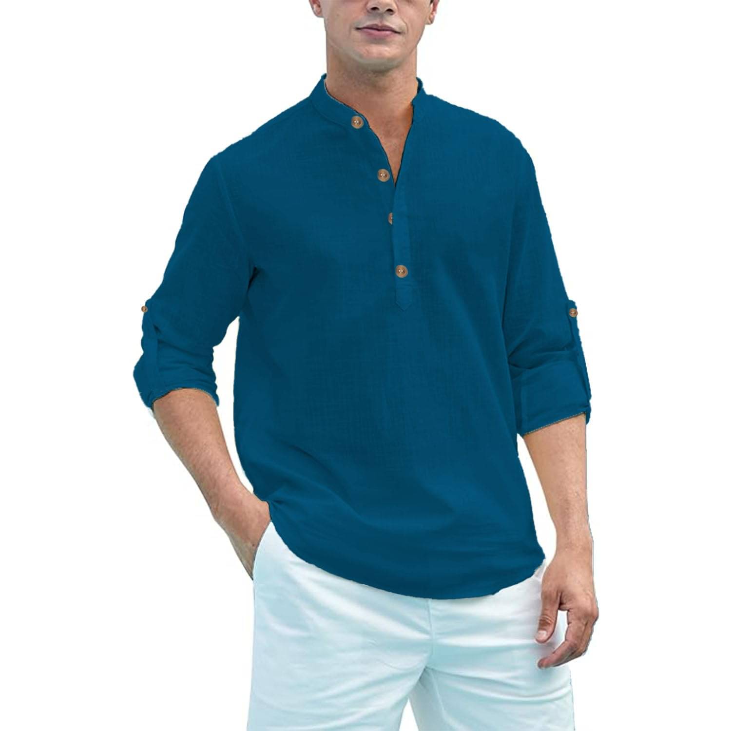 Indirae Indigo Cotton Blend Men's Shirt Style Kurta ( Pack of 1 )     			Indirae Indigo Cotton Blend Men's Shirt Style Kurta ( Pack of 1 )