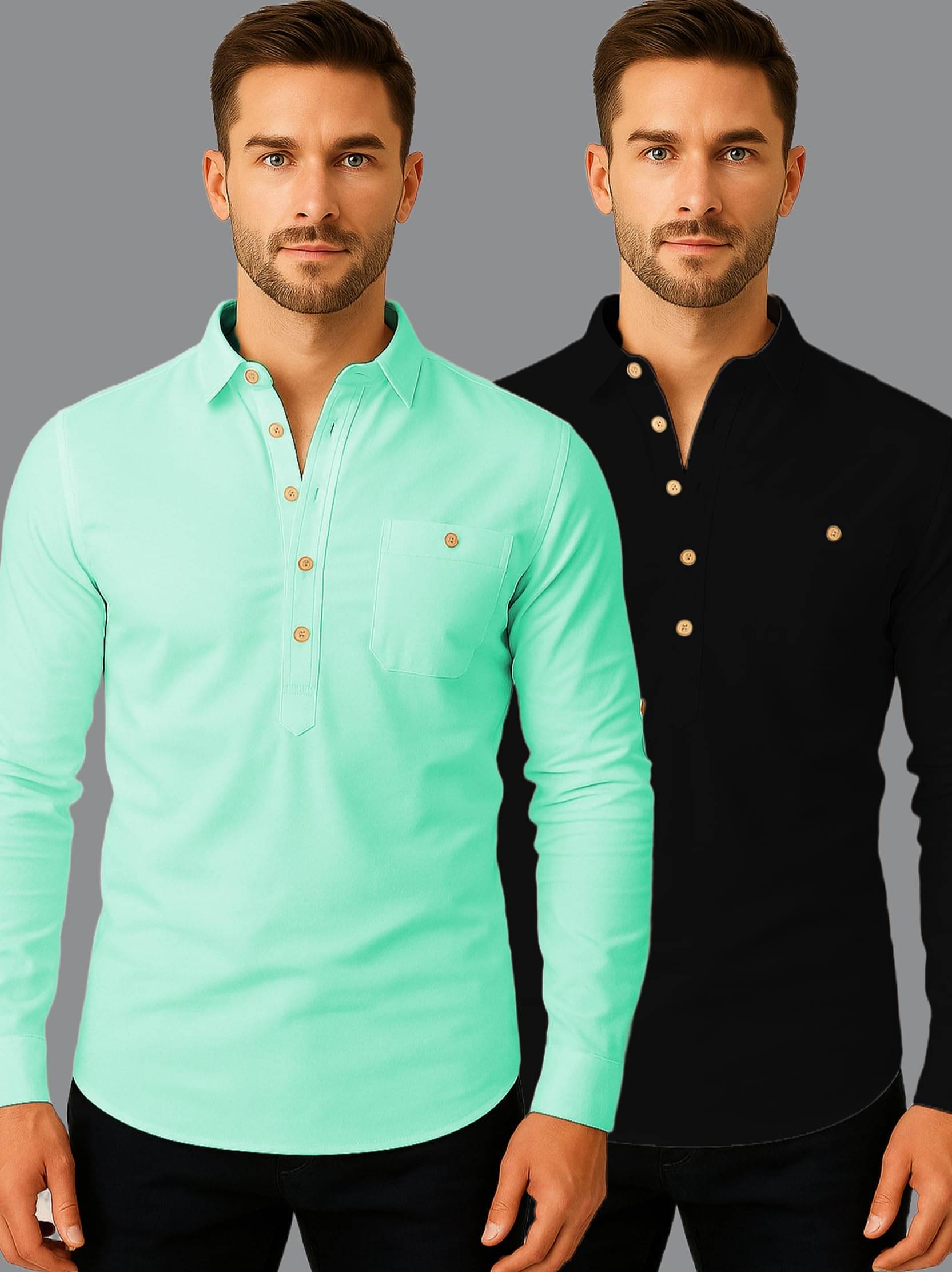 Indirae Light Blue Cotton Blend Men's Shirt Style Kurta ( Pack of 2 ) Indirae Light Blue Cotton Blend Men's Shirt Style Kurta ( Pack of 2 )