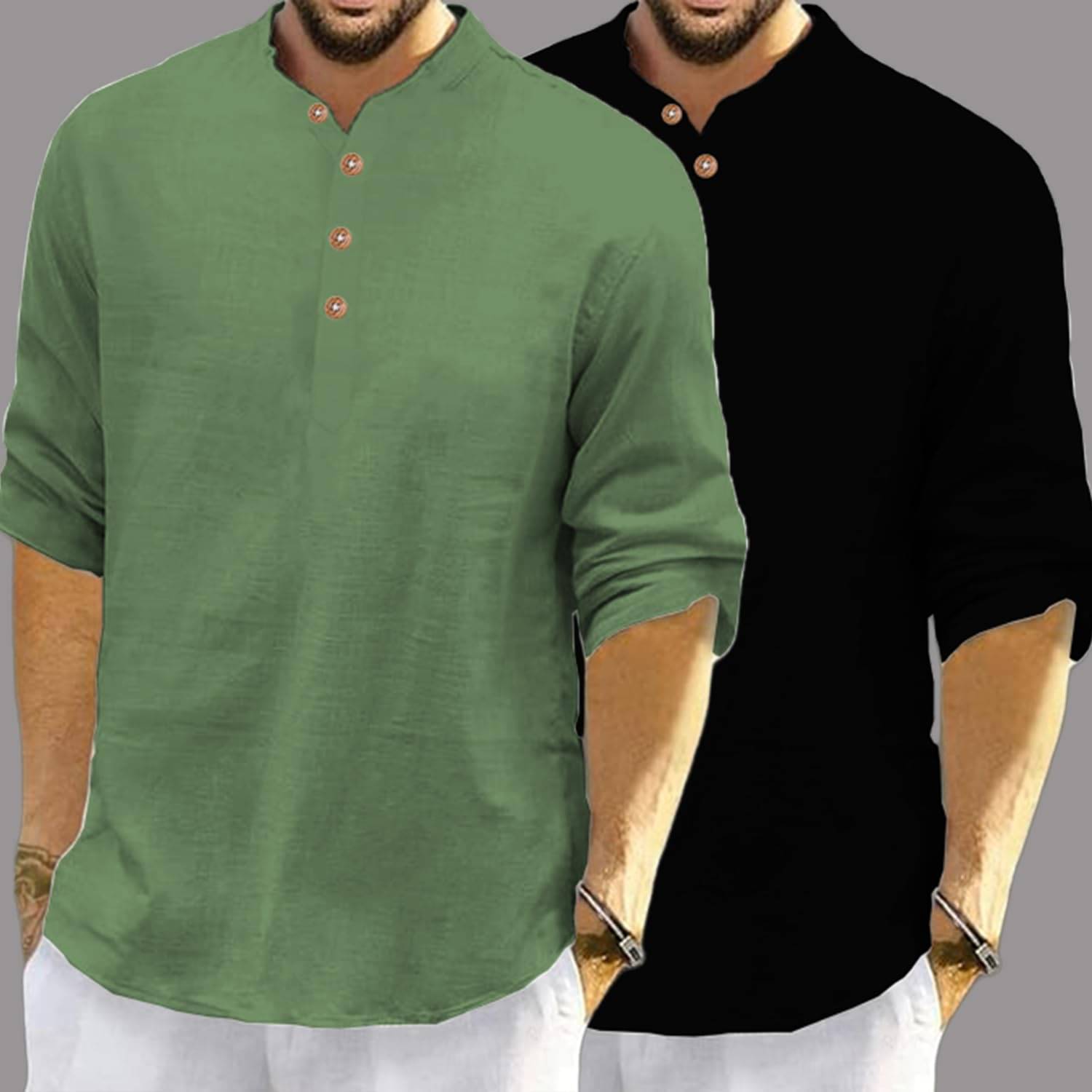     			Indirae Light Green Cotton Blend Men's Shirt Style Kurta ( Pack of 2 )