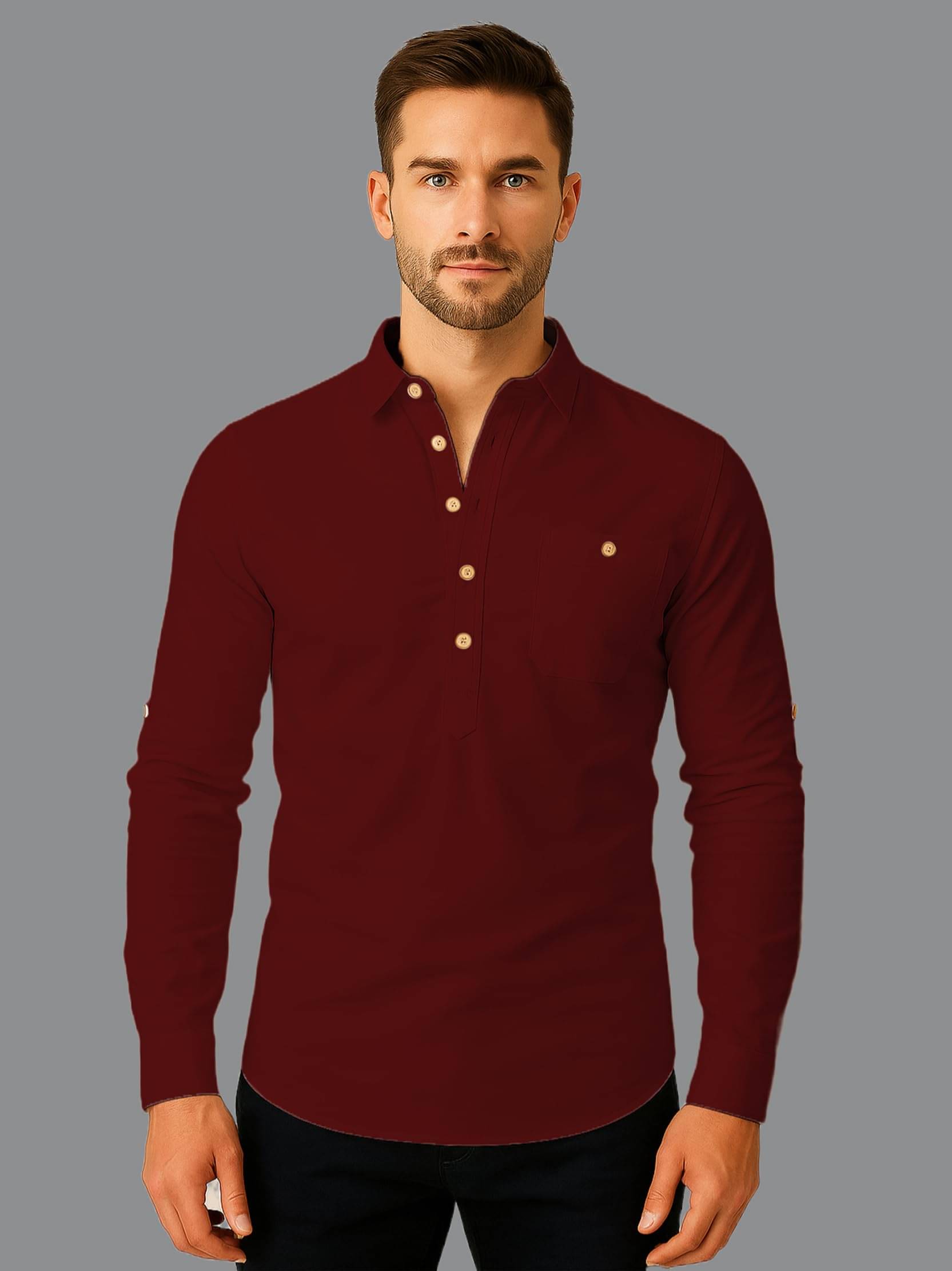 Indirae Maroon Cotton Blend Men's Shirt Style Kurta ( Pack of 1 ) Indirae Maroon Cotton Blend Men's Shirt Style Kurta ( Pack of 1 )