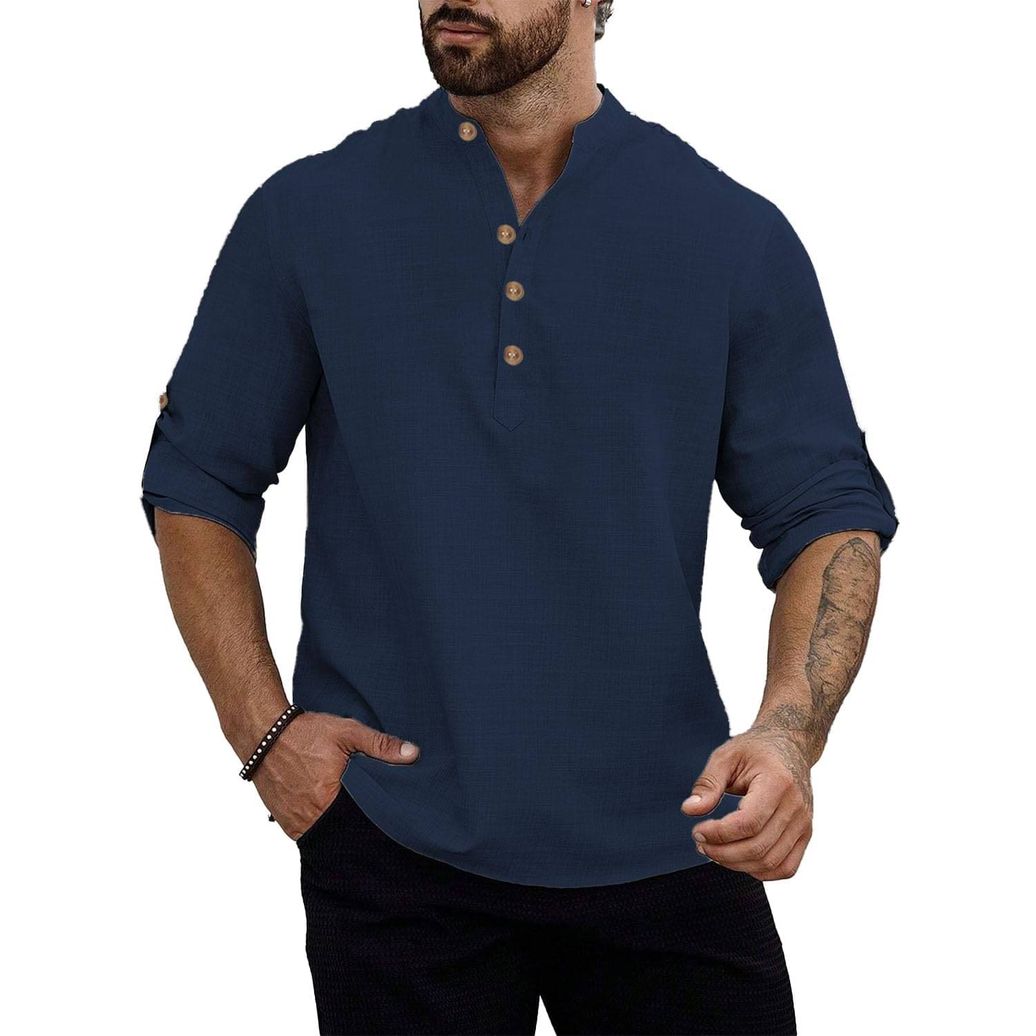     			Indirae Navy Blue Cotton Blend Men's Shirt Style Kurta ( Pack of 1 )