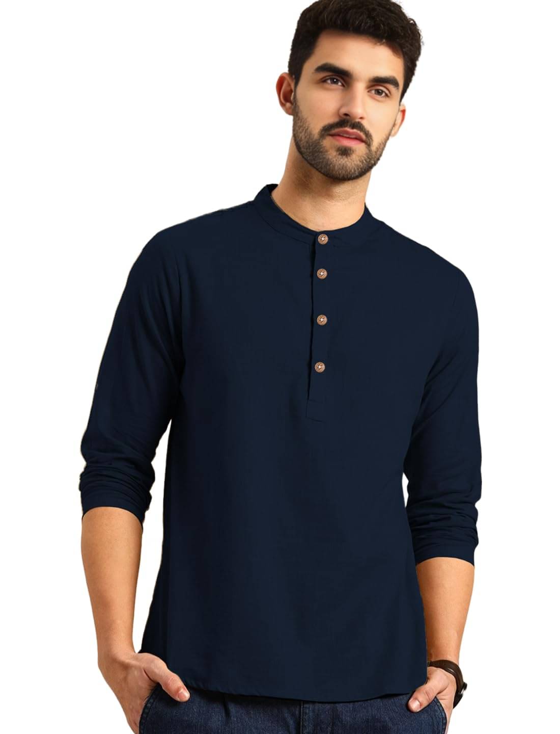 Indirae Navy Blue Cotton Blend Men's Shirt Style Kurta ( Pack of 1 ) Indirae Navy Blue Cotton Blend Men's Shirt Style Kurta ( Pack of 1 )