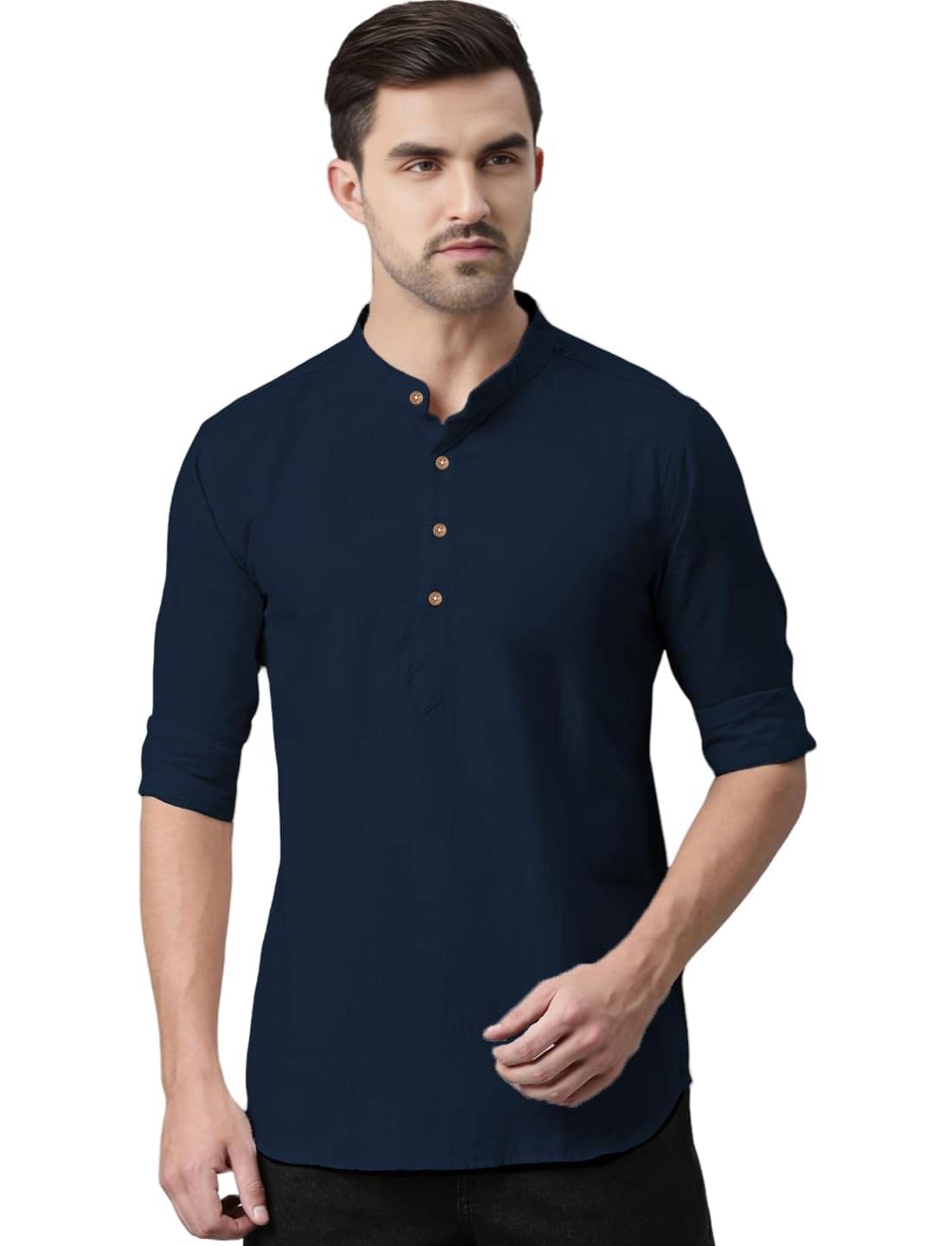 Indirae Navy Blue Cotton Blend Men's Shirt Style Kurta ( Pack of 1 ) Indirae Navy Blue Cotton Blend Men's Shirt Style Kurta ( Pack of 1 )