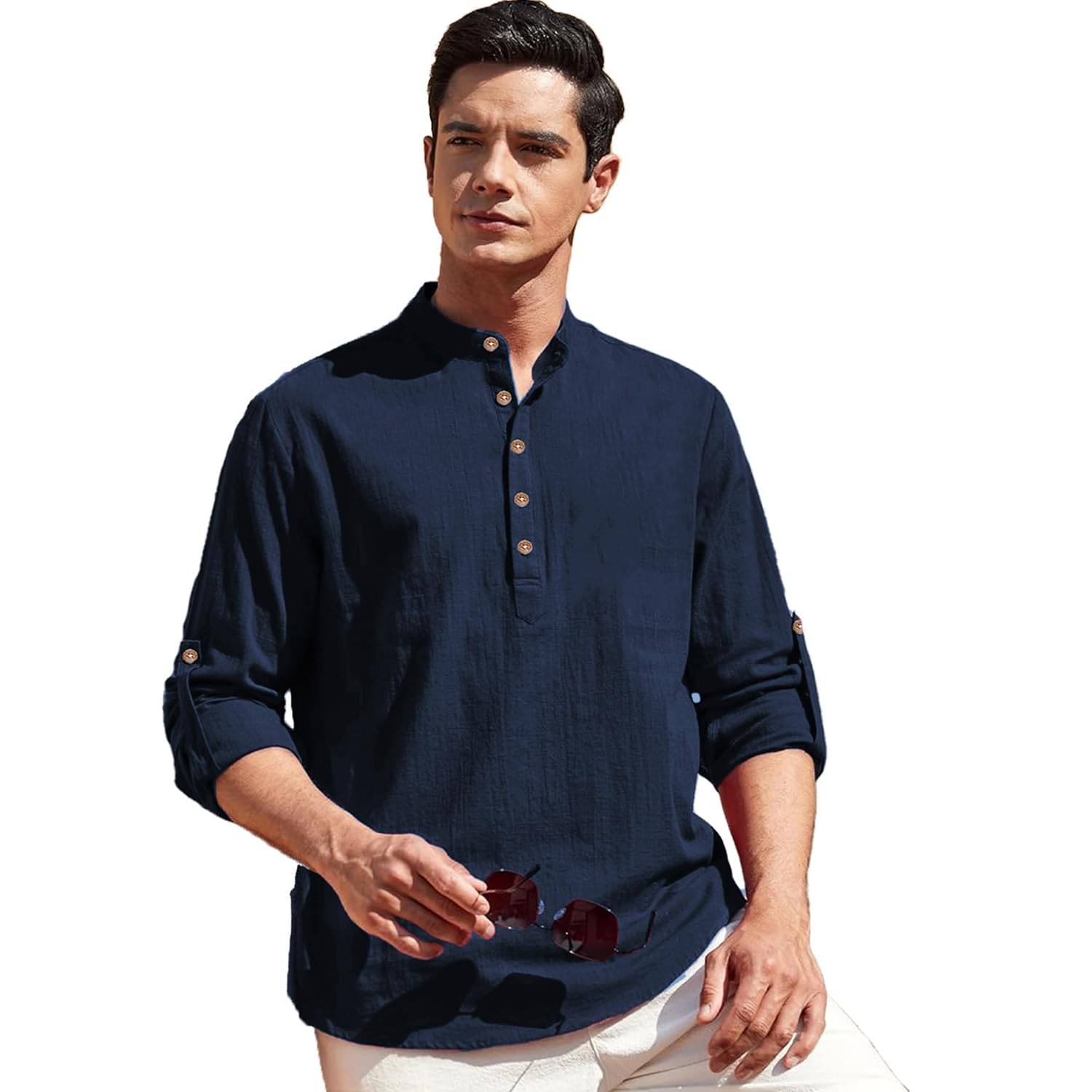 Indirae Navy Blue Cotton Blend Men's Shirt Style Kurta ( Pack of 1 ) Indirae Navy Blue Cotton Blend Men's Shirt Style Kurta ( Pack of 1 )