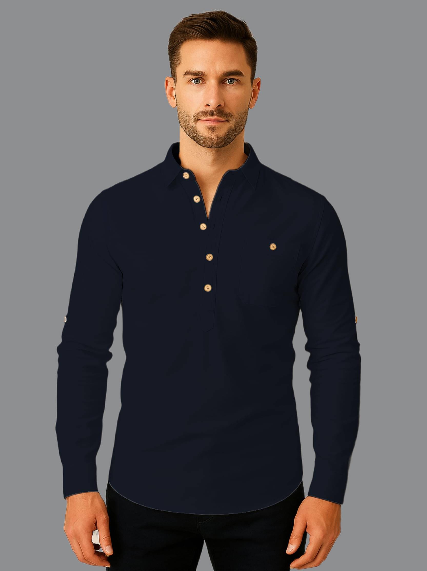     			Indirae Navy Blue Cotton Blend Men's Shirt Style Kurta ( Pack of 1 )
