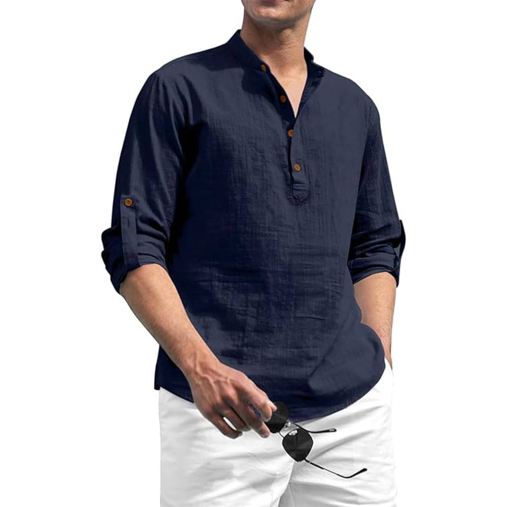 Indirae Navy Blue Cotton Blend Men's Shirt Style Kurta ( Pack of 1 ) Indirae Navy Blue Cotton Blend Men's Shirt Style Kurta ( Pack of 1 )