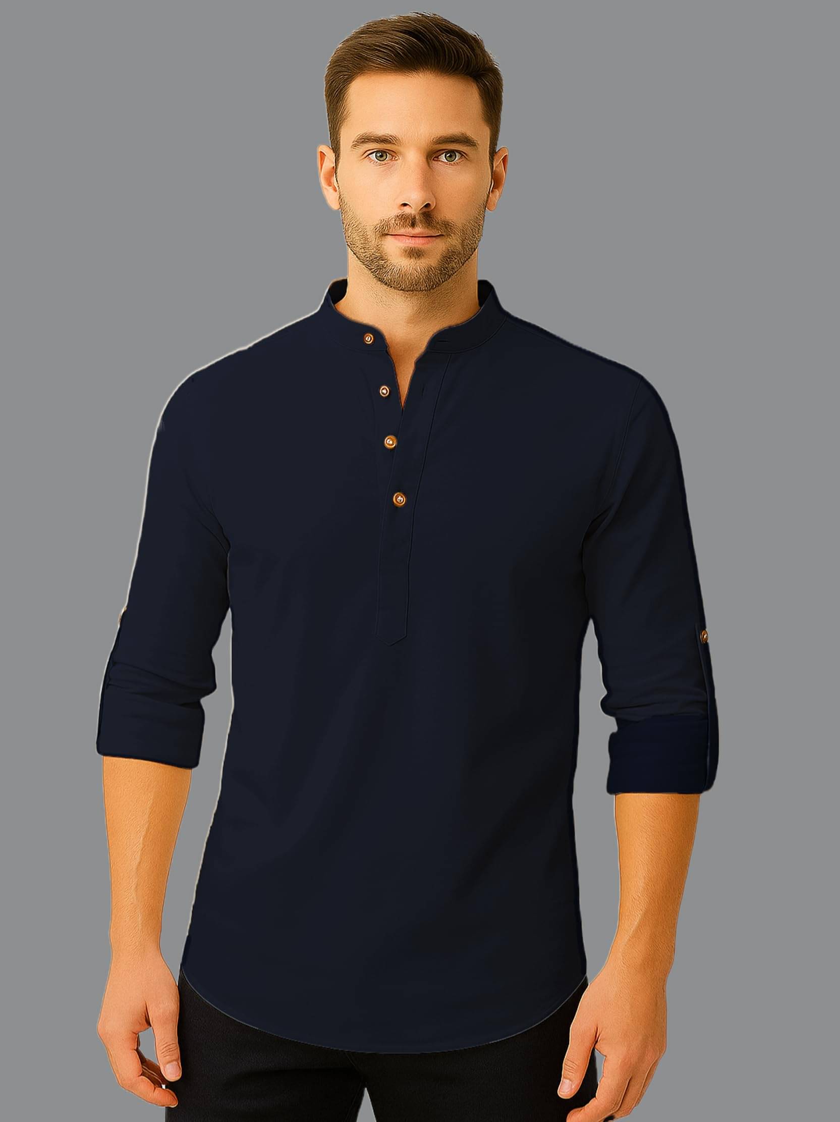 Indirae Navy Blue Cotton Blend Men's Shirt Style Kurta ( Pack of 1 ) Indirae Navy Blue Cotton Blend Men's Shirt Style Kurta ( Pack of 1 )