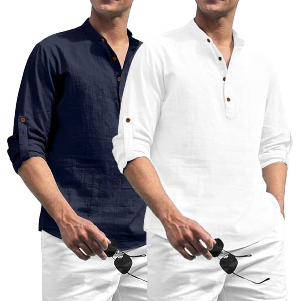Indirae Navy Blue Cotton Blend Men's Shirt Style Kurta ( Pack of 2 )     			Indirae Navy Blue Cotton Blend Men's Shirt Style Kurta ( Pack of 2 )