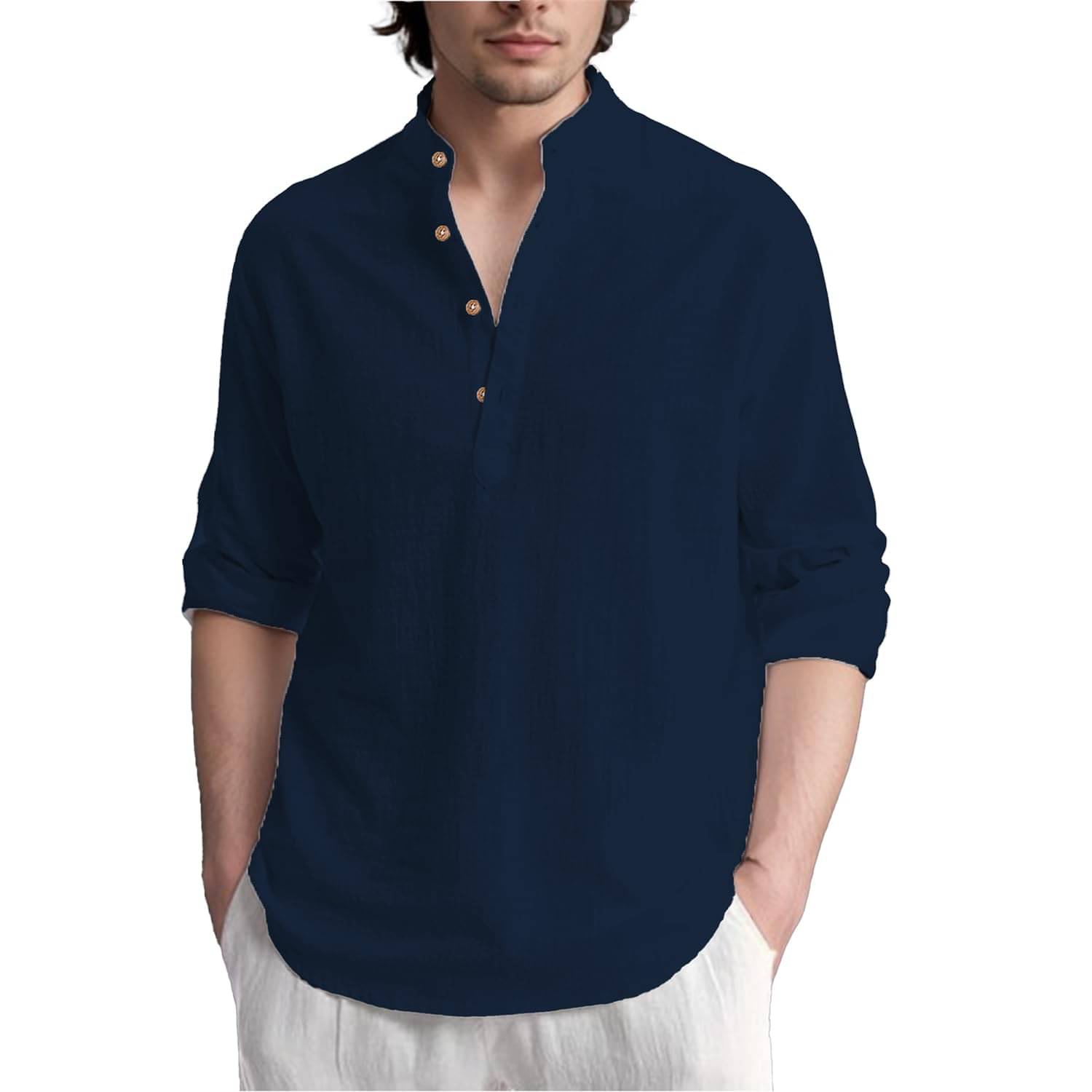 Indirae Navy Blue Cotton Blend Men's Shirt Style Kurta ( Pack of 1 )     			Indirae Navy Blue Cotton Blend Men's Shirt Style Kurta ( Pack of 1 )