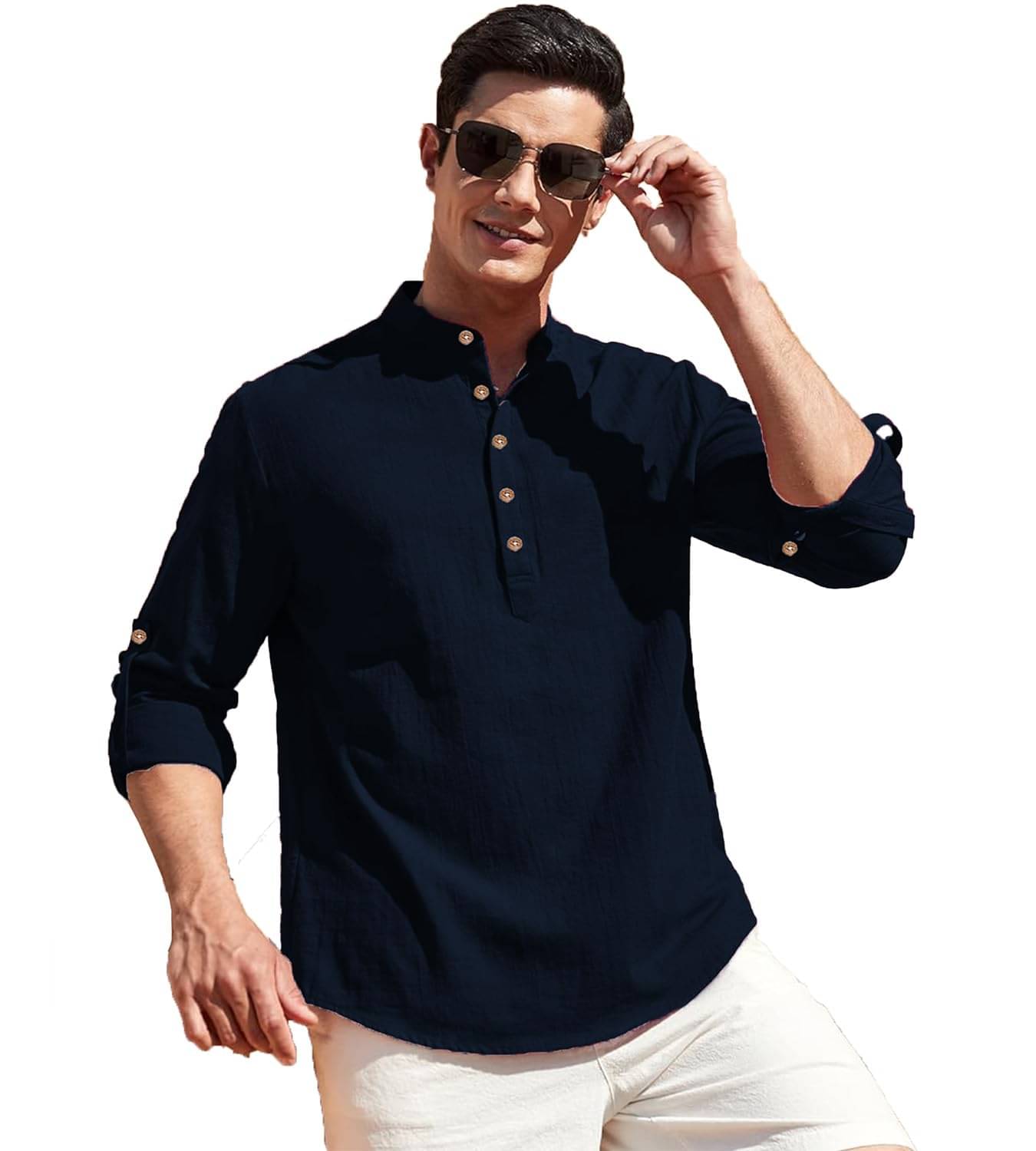 Indirae Navy Blue Cotton Blend Men's Shirt Style Kurta ( Pack of 1 )     			Indirae Navy Blue Cotton Blend Men's Shirt Style Kurta ( Pack of 1 )