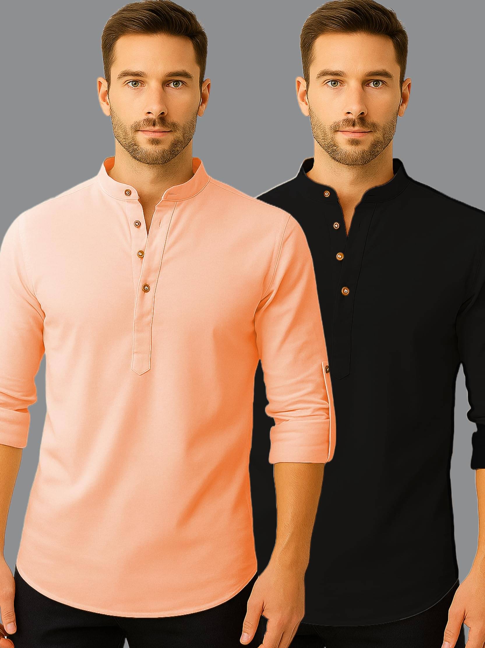 Indirae Orange Cotton Blend Men's Shirt Style Kurta ( Pack of 2 )     			Indirae Orange Cotton Blend Men's Shirt Style Kurta ( Pack of 2 )