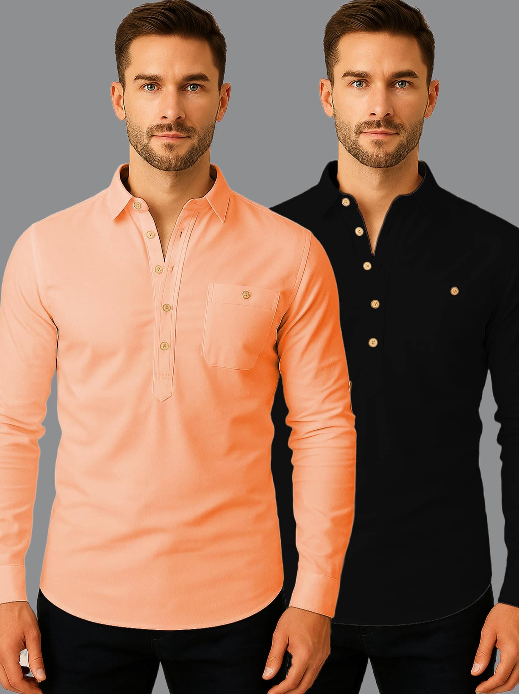 Indirae Orange Cotton Blend Men's Shirt Style Kurta ( Pack of 2 ) Indirae Orange Cotton Blend Men's Shirt Style Kurta ( Pack of 2 )