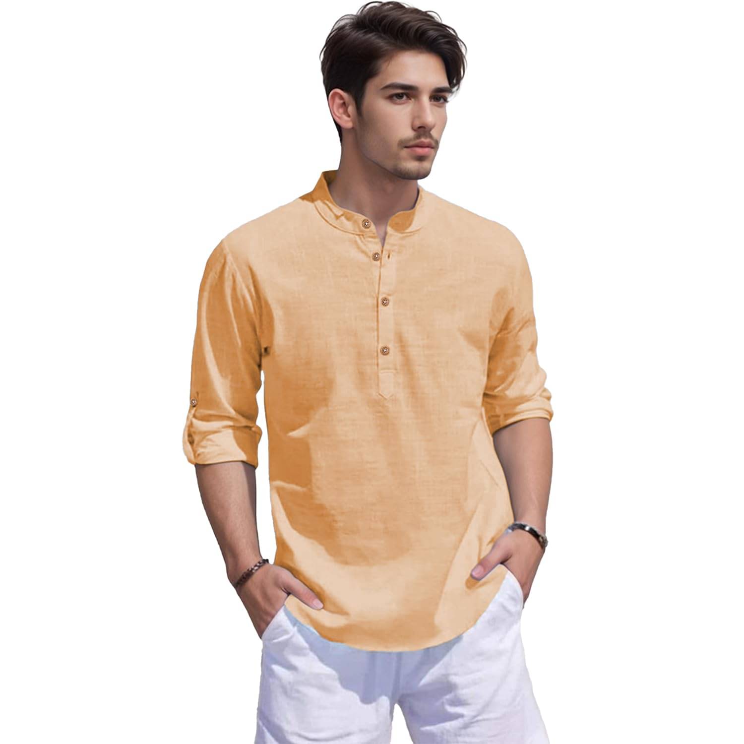 Indirae Orange Cotton Blend Men's Shirt Style Kurta ( Pack of 1 )     			Indirae Orange Cotton Blend Men's Shirt Style Kurta ( Pack of 1 )