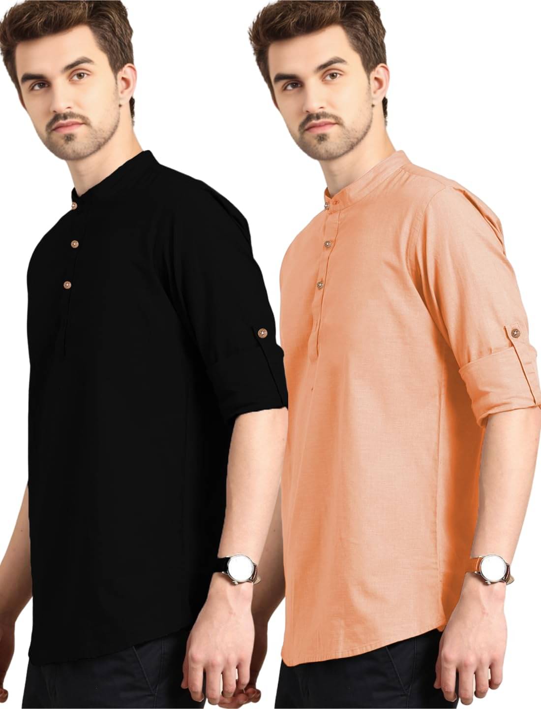 Indirae Orange Cotton Blend Men's Shirt Style Kurta ( Pack of 2 )     			Indirae Orange Cotton Blend Men's Shirt Style Kurta ( Pack of 2 )