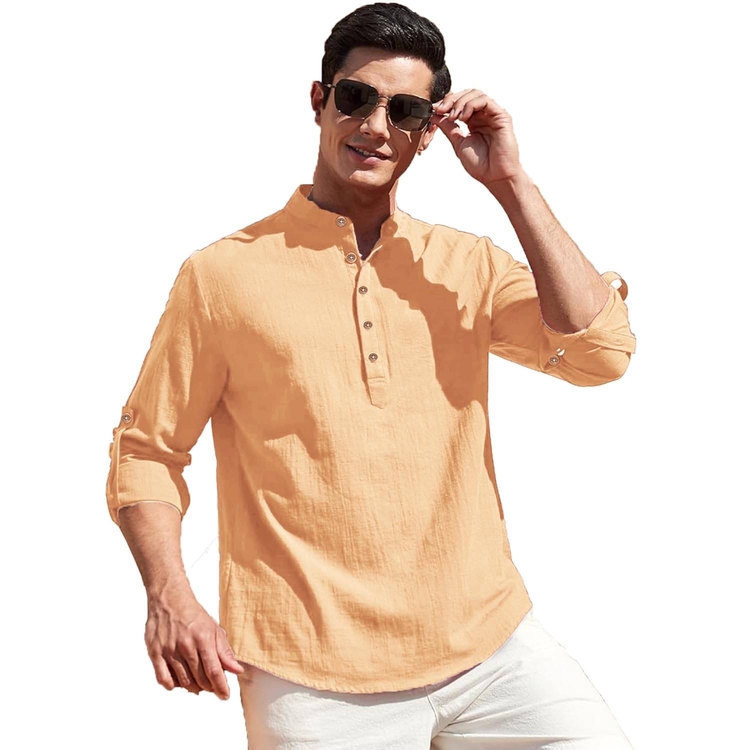 Indirae Orange Cotton Blend Men's Shirt Style Kurta ( Pack of 1 ) Indirae Orange Cotton Blend Men's Shirt Style Kurta ( Pack of 1 )