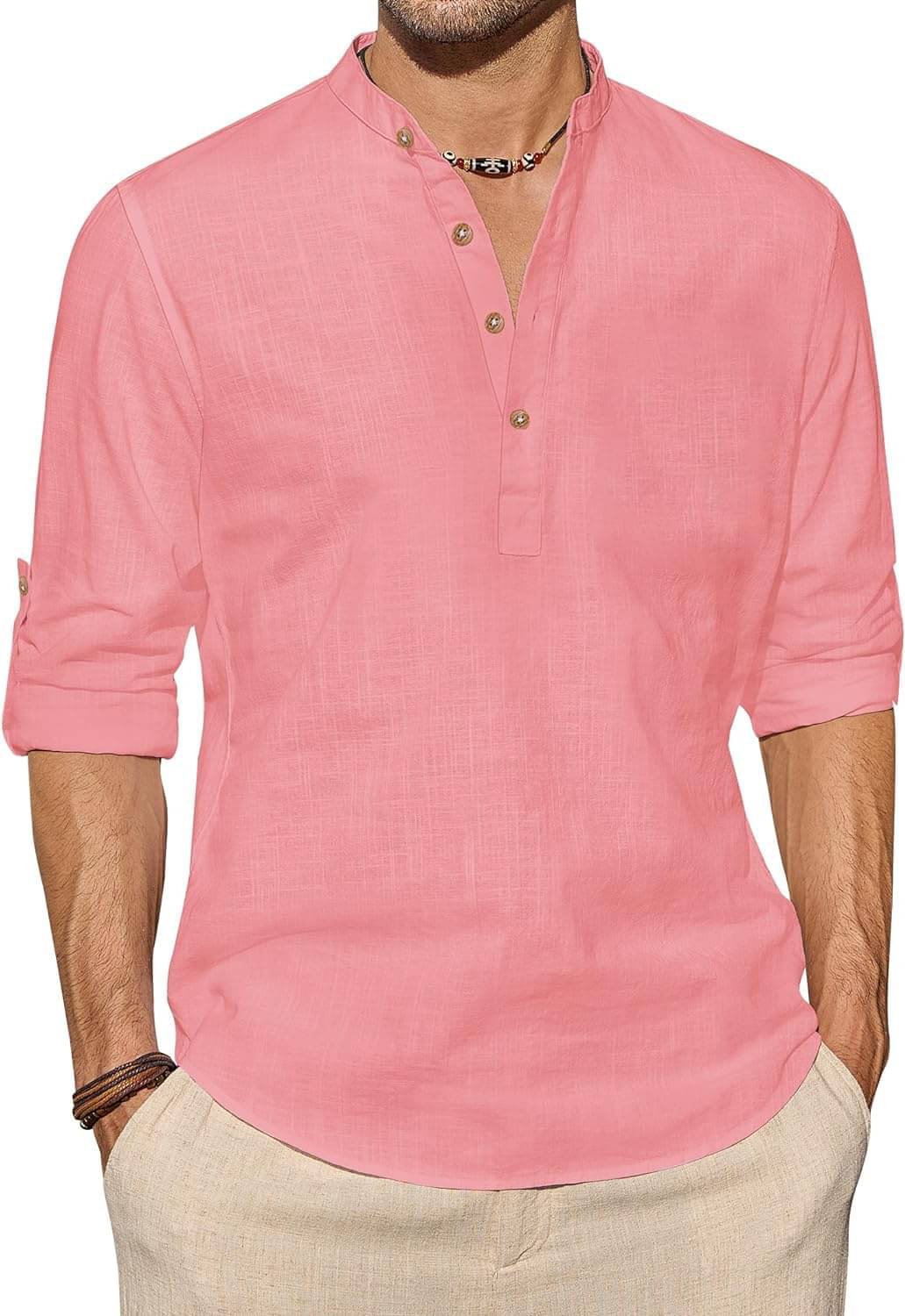 Indirae Peach Cotton Blend Men's Shirt Style Kurta ( Pack of 1 )     			Indirae Peach Cotton Blend Men's Shirt Style Kurta ( Pack of 1 )