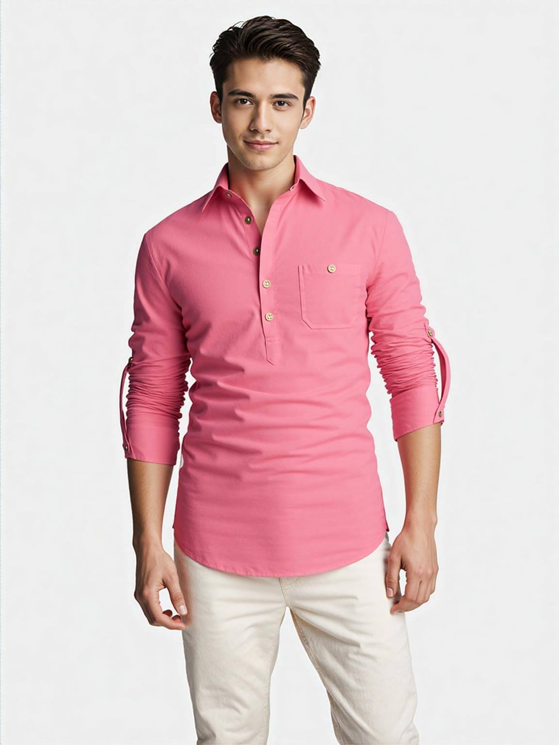 Indirae Peach Cotton Blend Men's Shirt Style Kurta ( Pack of 1 )     			Indirae Peach Cotton Blend Men's Shirt Style Kurta ( Pack of 1 )