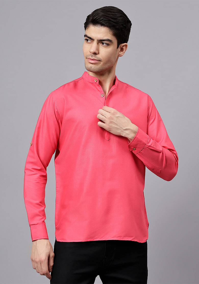     			Indirae Pink Cotton Blend Men's Shirt Style Kurta ( Pack of 1 )