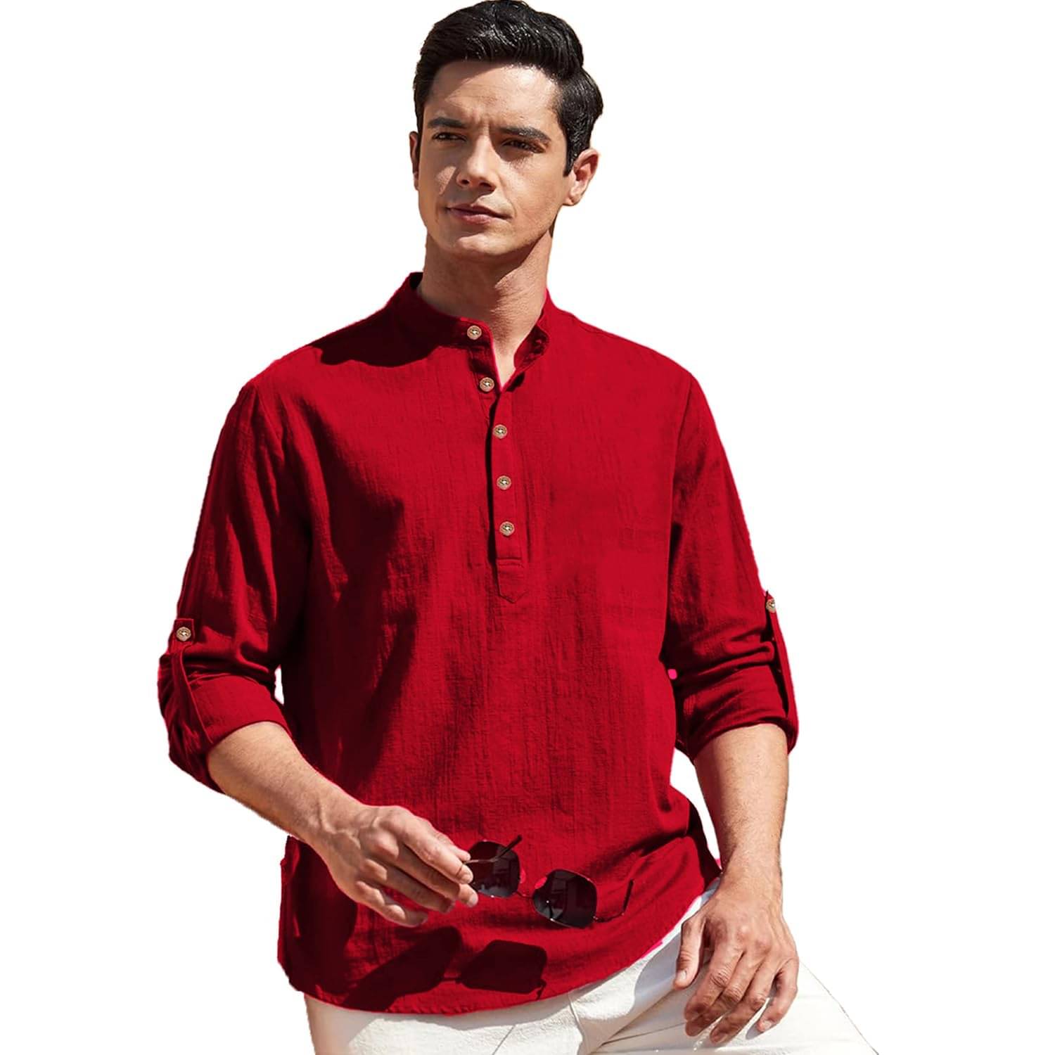     			Indirae Red Cotton Blend Men's Shirt Style Kurta ( Pack of 1 )