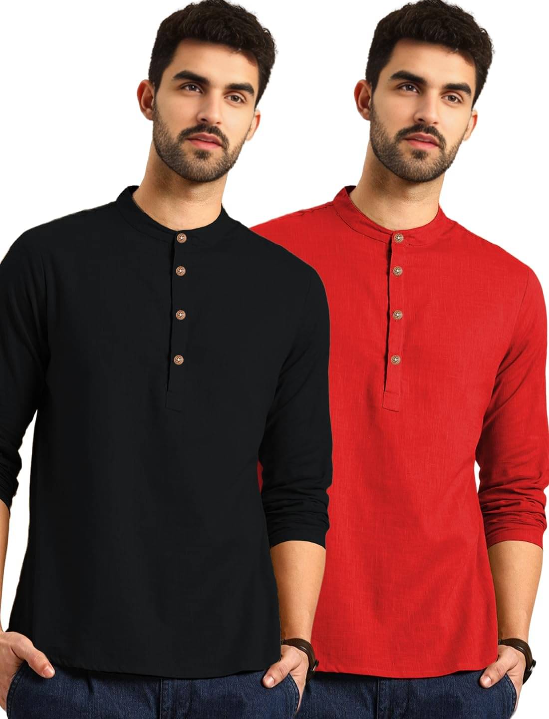 Indirae Red Cotton Blend Men's Shirt Style Kurta ( Pack of 2 ) Indirae Red Cotton Blend Men's Shirt Style Kurta ( Pack of 2 )