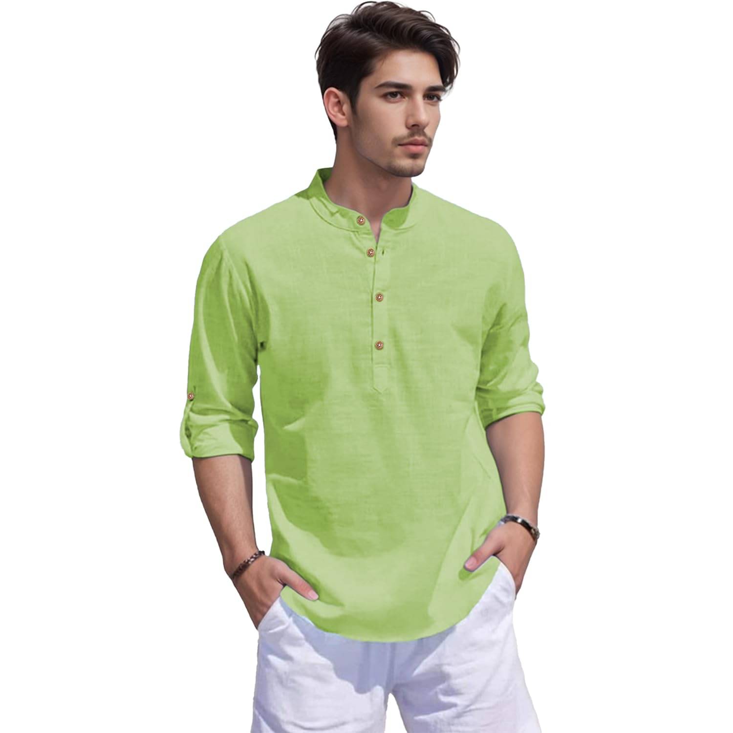 Indirae Sea Green Cotton Blend Men's Shirt Style Kurta ( Pack of 1 ) Indirae Sea Green Cotton Blend Men's Shirt Style Kurta ( Pack of 1 )